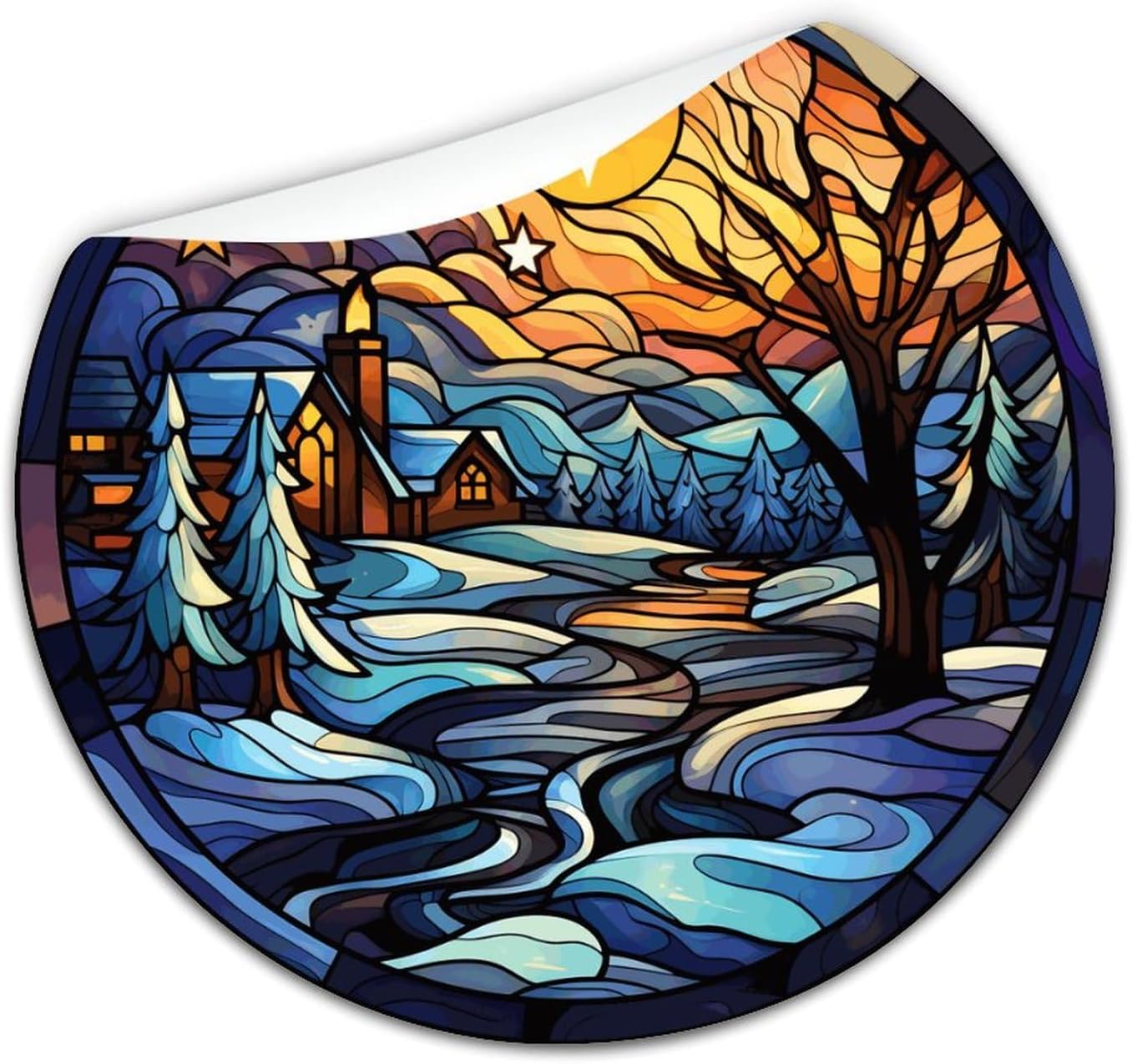 2in Round Label Stickers 100pcs Winter Snow House Stained Glass Christmas Decals