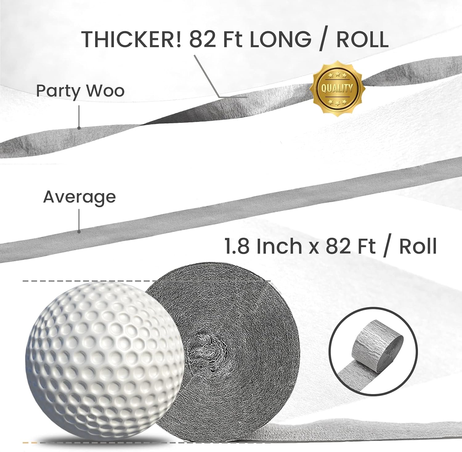 PartyWoo Crepe Paper Streamers 4 Rolls Silver 328ft Total