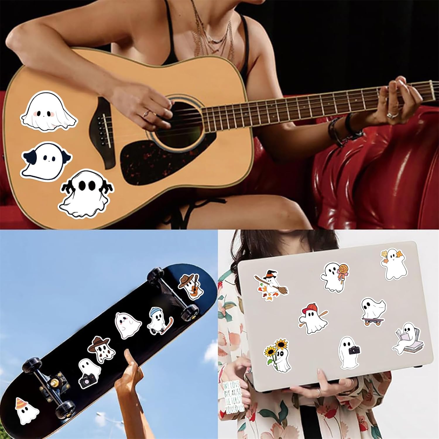 50Pcs Halloween Ghost Theme Stickers for Water Bottles Laptops and Cups