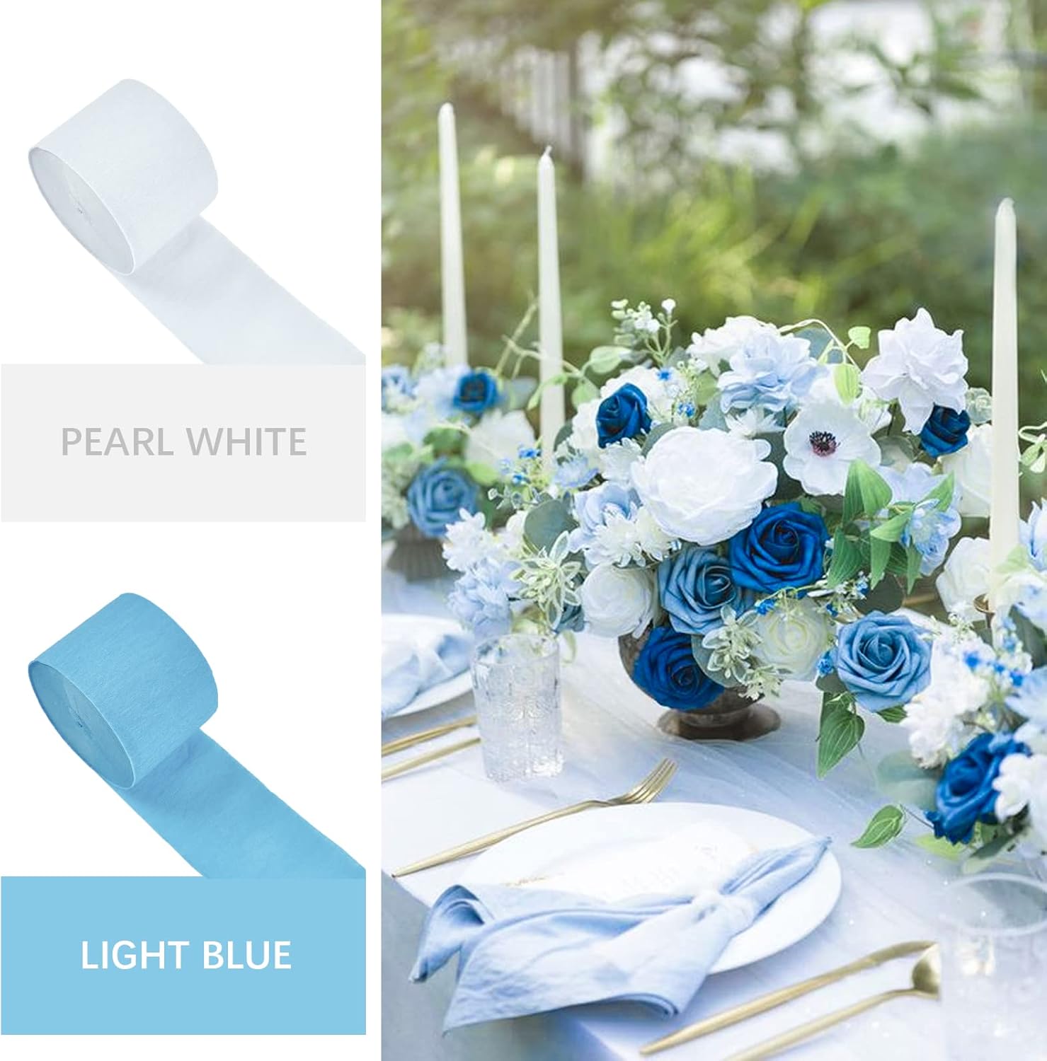 PartyWoo Crepe Paper Streamers 4 Rolls Blue White Decorations