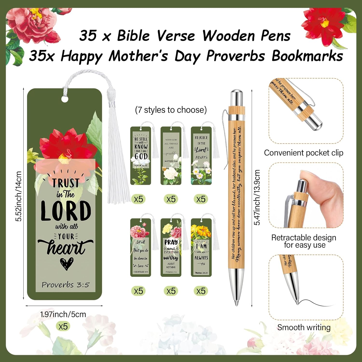 Spakon 35 Set Mothers Day Bible Verse Bookmarks Bamboo Pens Gift Bags
