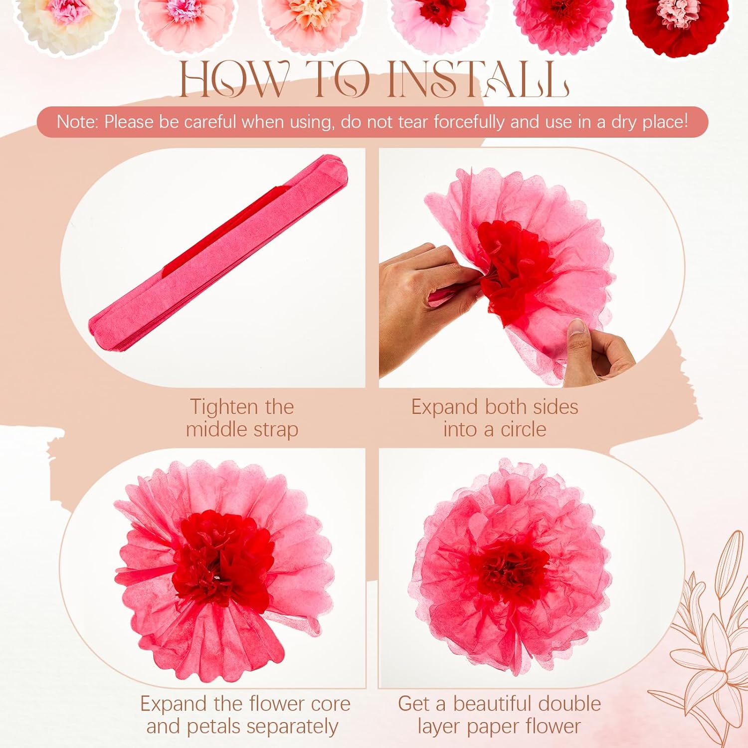 Hotop 36 Pcs Pink Red Paper Flowers Pom Poms Decor
