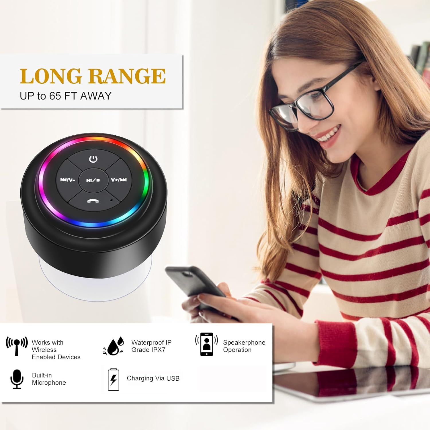 HaiSSKY Bluetooth Shower Speaker IPX7 Waterproof with LED Light