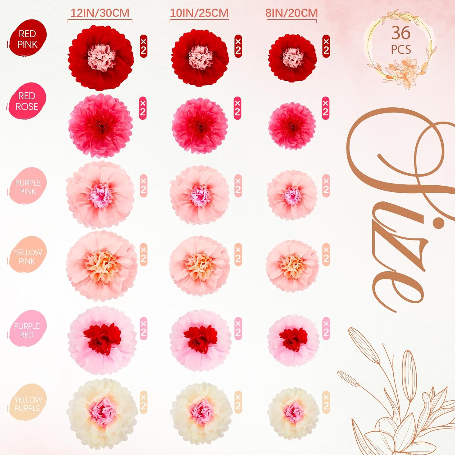 Hotop 36 Pcs Pink Red Paper Flowers Pom Poms Decor