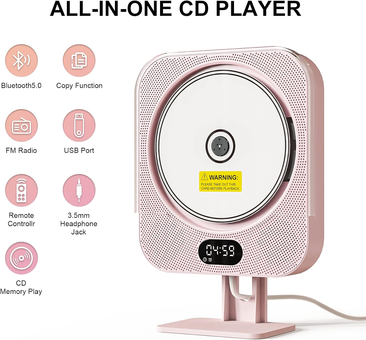 Kpop Pink CD Player with IR Remote and Bluetooth