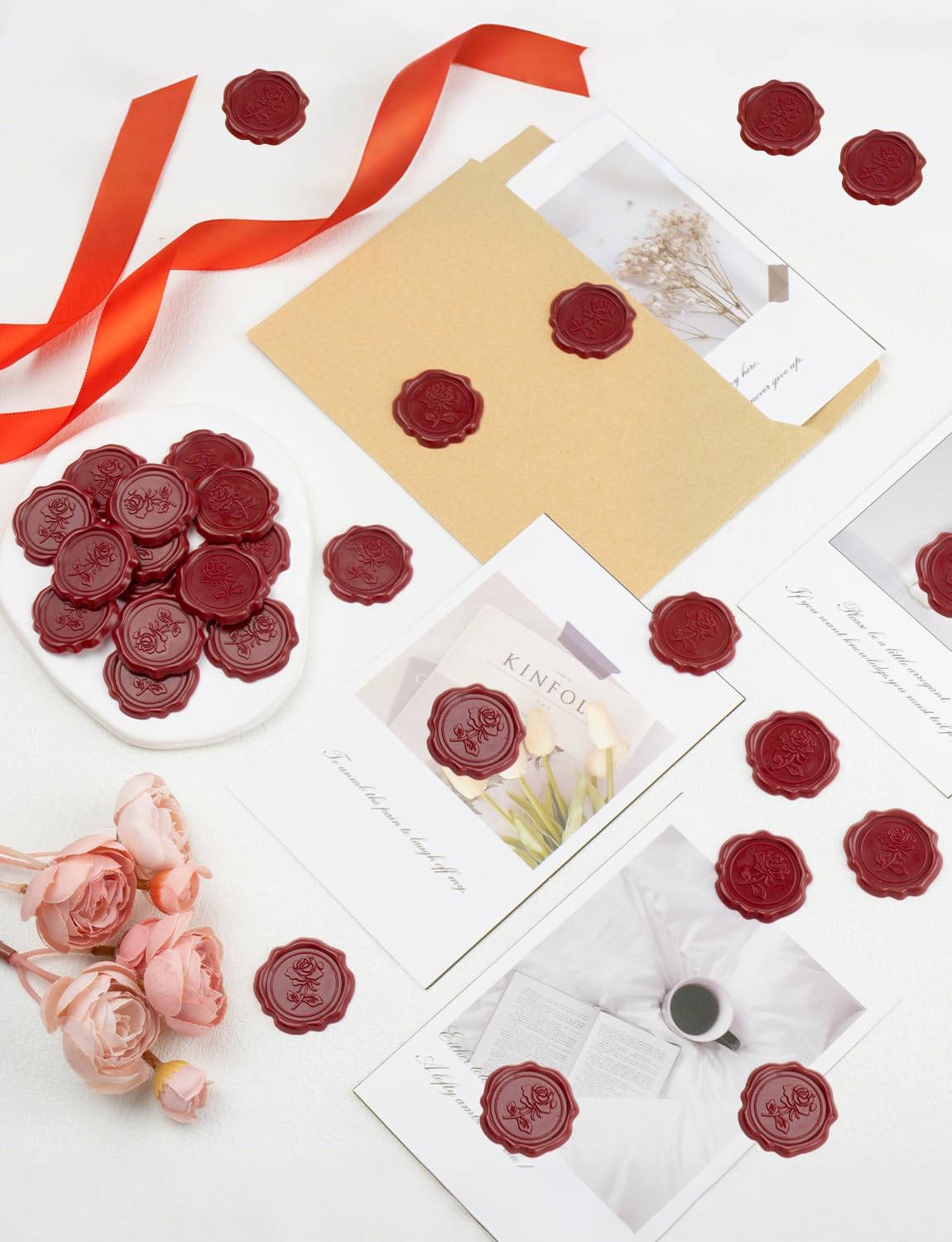 55 Pcs Red Rose Wax Seal Stickers for Envelopes and Invitations