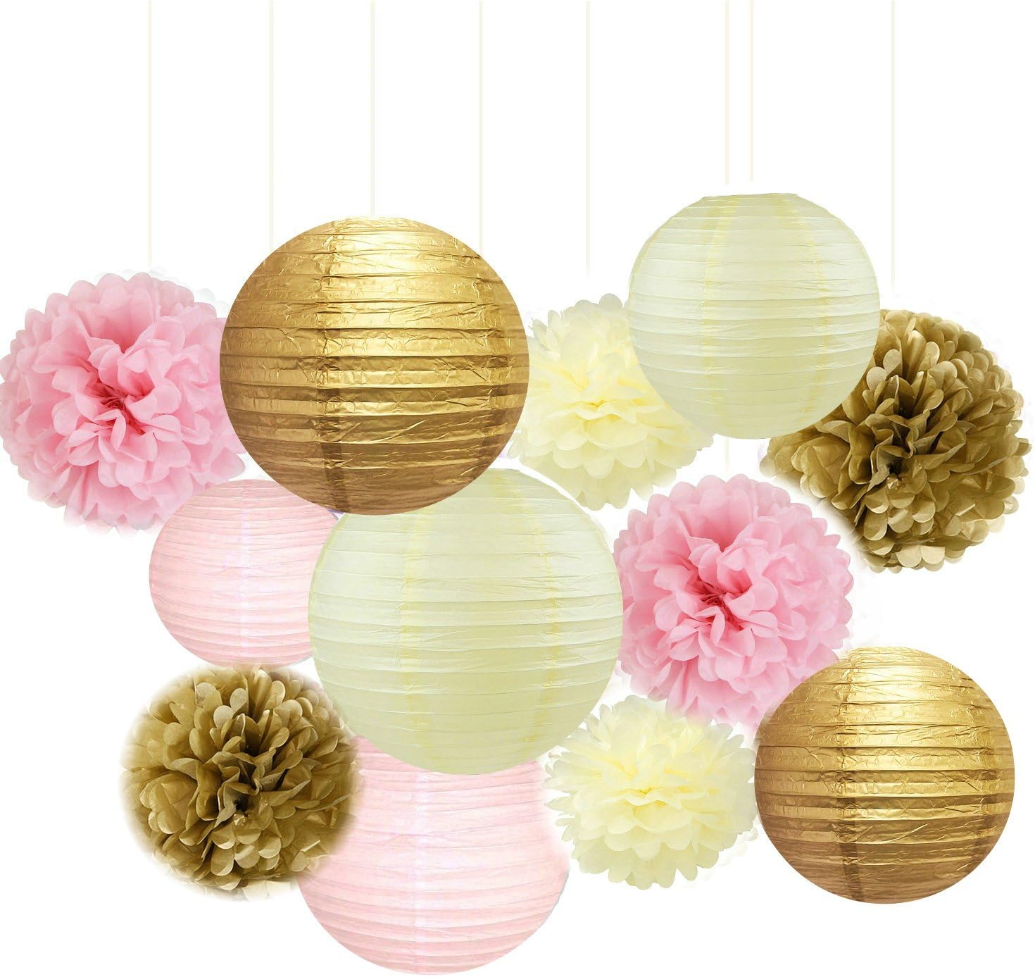 Fascola 12 Pcs Mixed Paper Lanterns and Flowers Decor Kit