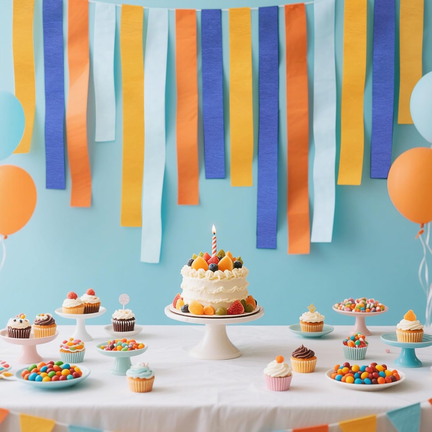 Blue and Orange 8 Rolls Crepe Paper Streamers for Parties