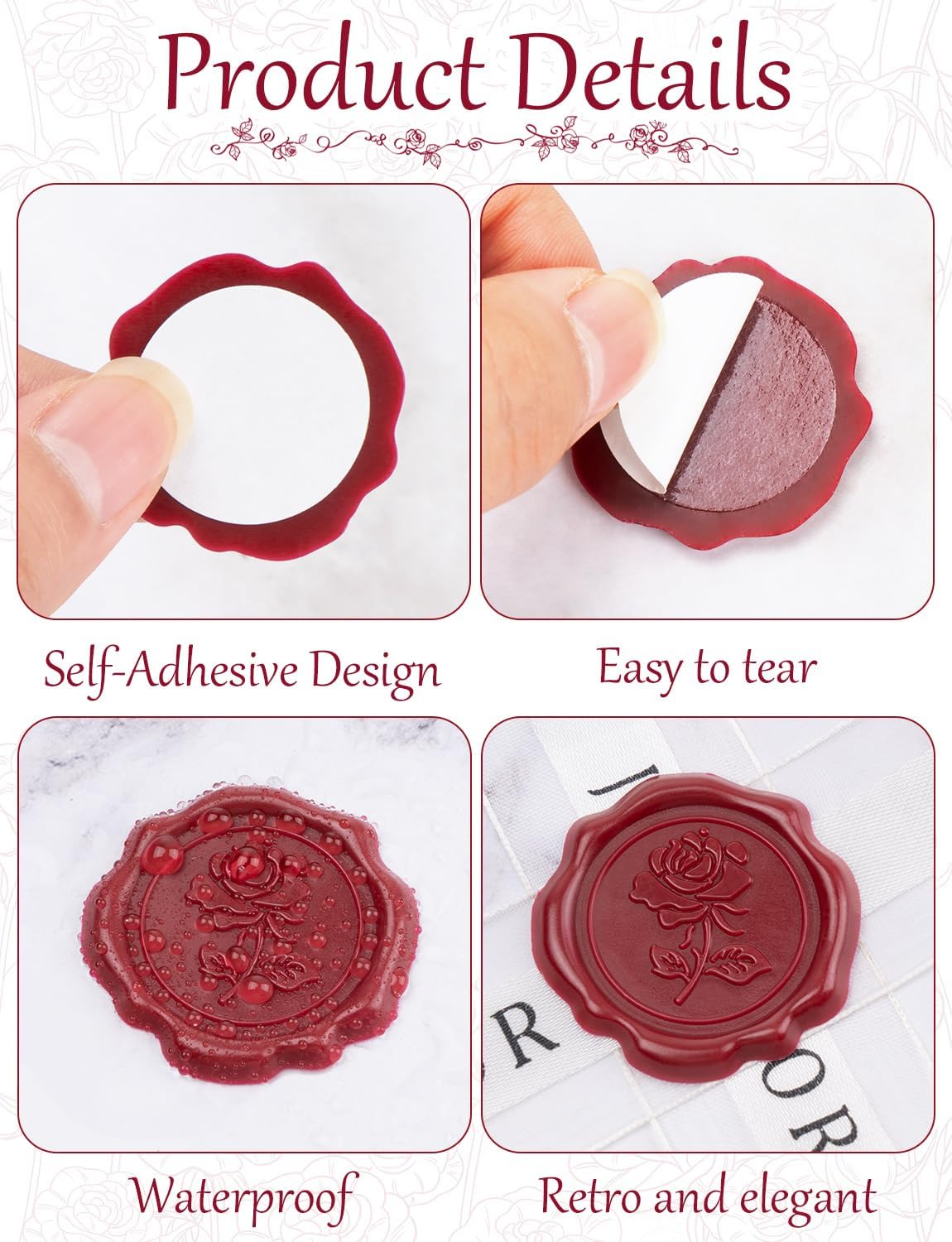 55 Pcs Red Rose Wax Seal Stickers for Envelopes and Invitations
