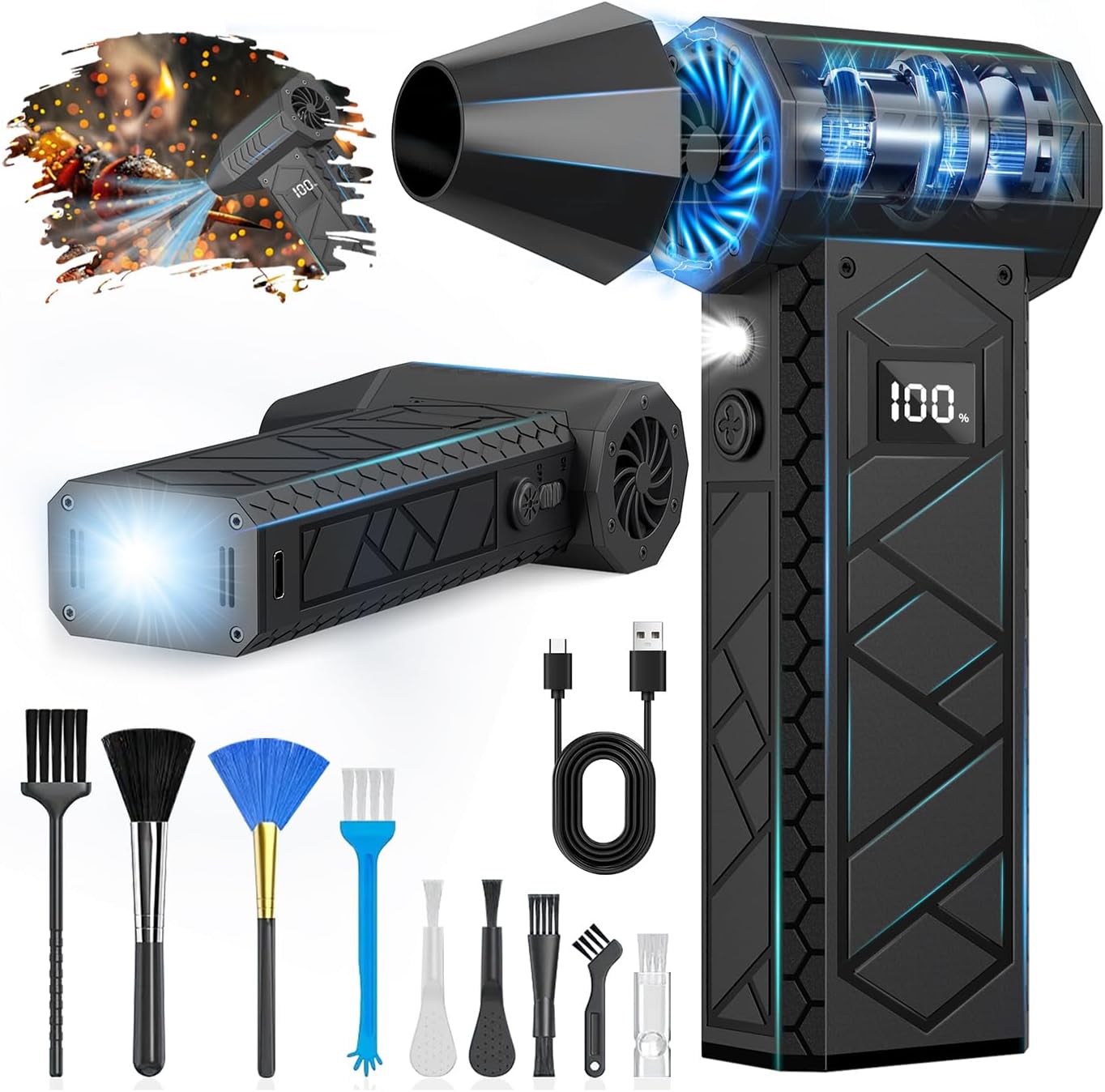 Electric Air Duster with LCD Screen and Flashlight - Black