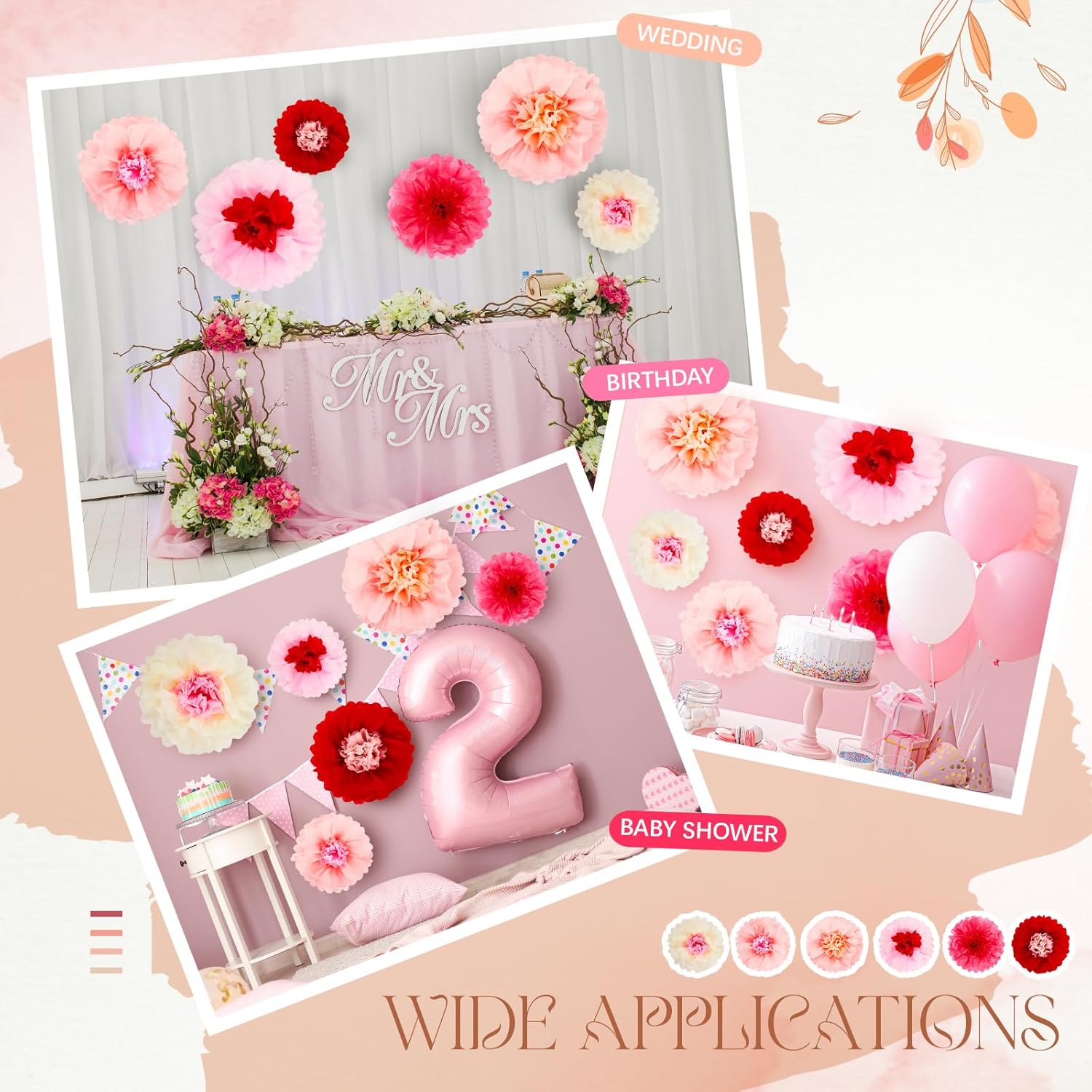 Hotop 36 Pcs Pink Red Paper Flowers Pom Poms Decor