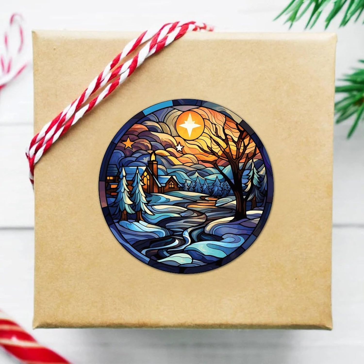 2in Round Label Stickers 100pcs Winter Snow House Stained Glass Christmas Decals