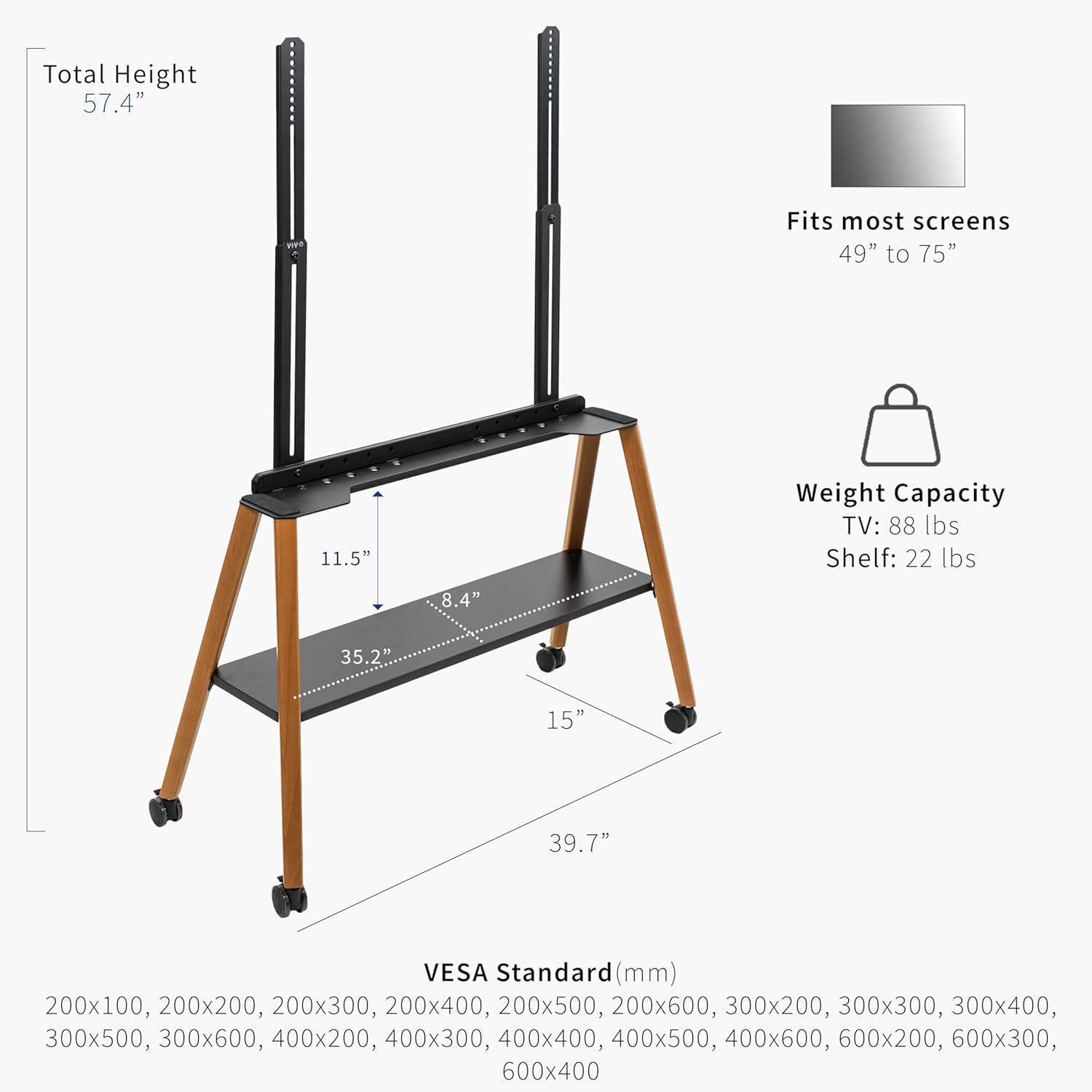 VIVO Rolling Artistic Easel TV Stand 49-75 inch Black Frame