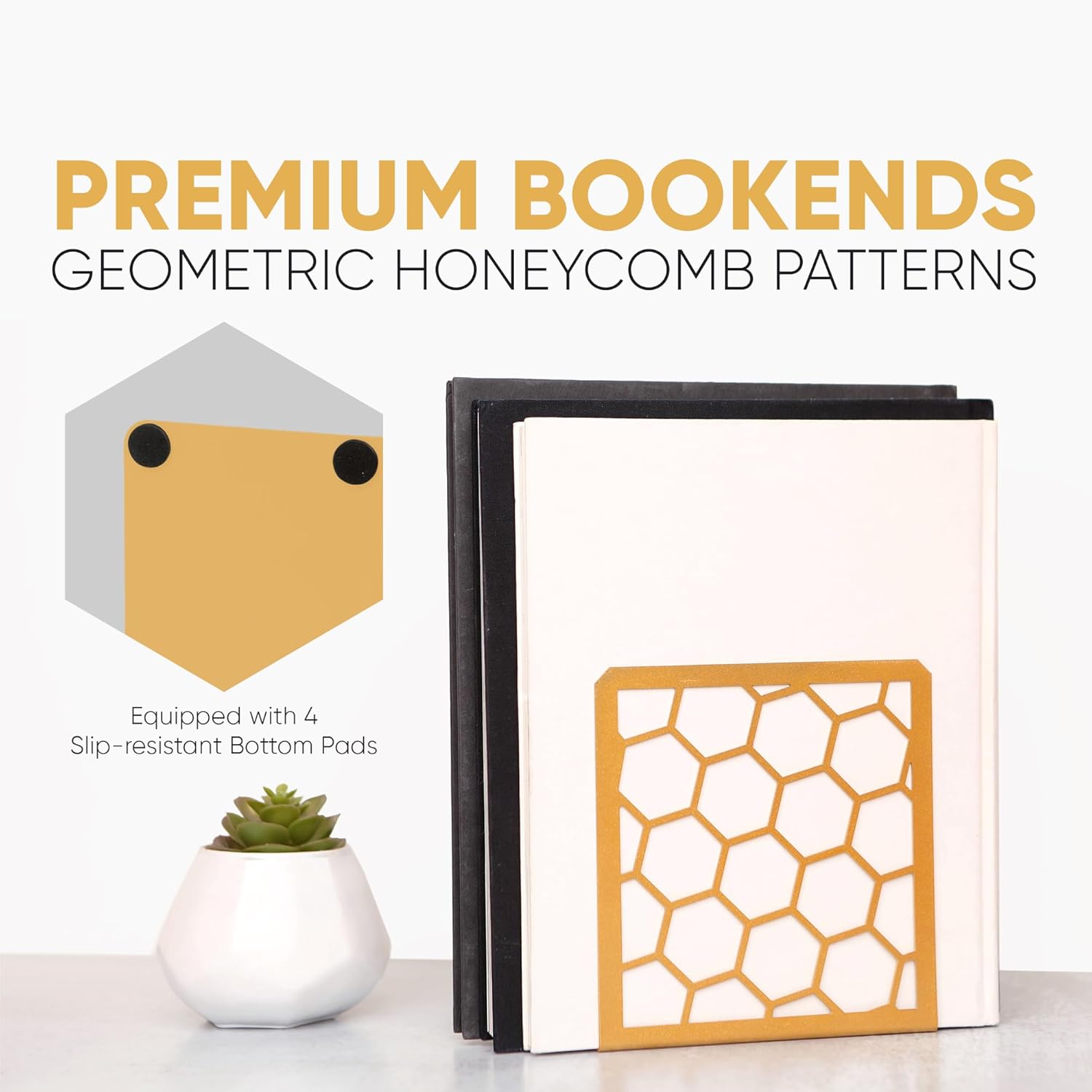 GEOMOD Geometric Honeycomb Gold Metal Bookends - 1 Pair