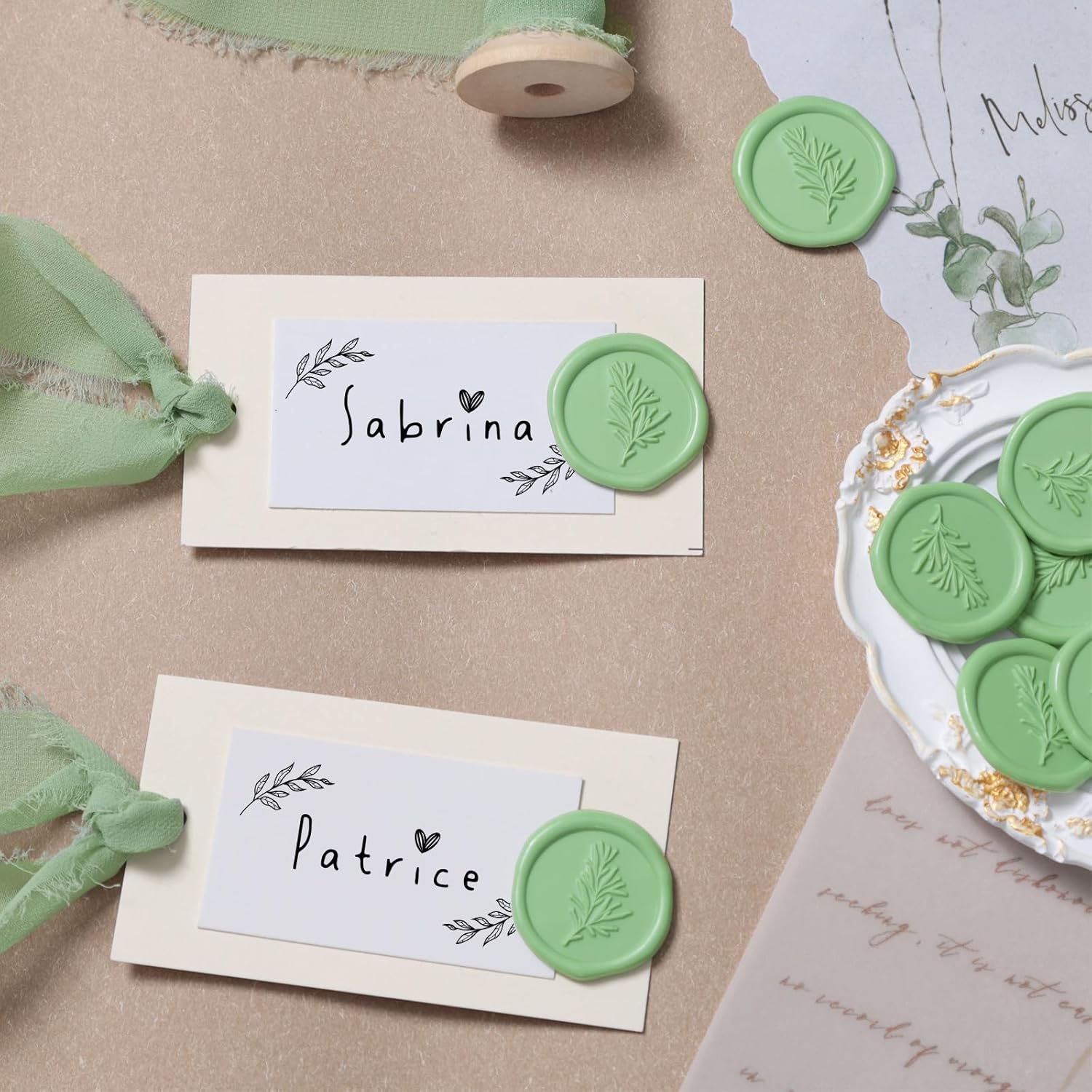 UNIQOOO Wax Seal Stickers Rosemary Design 50 Pcs Moss Green