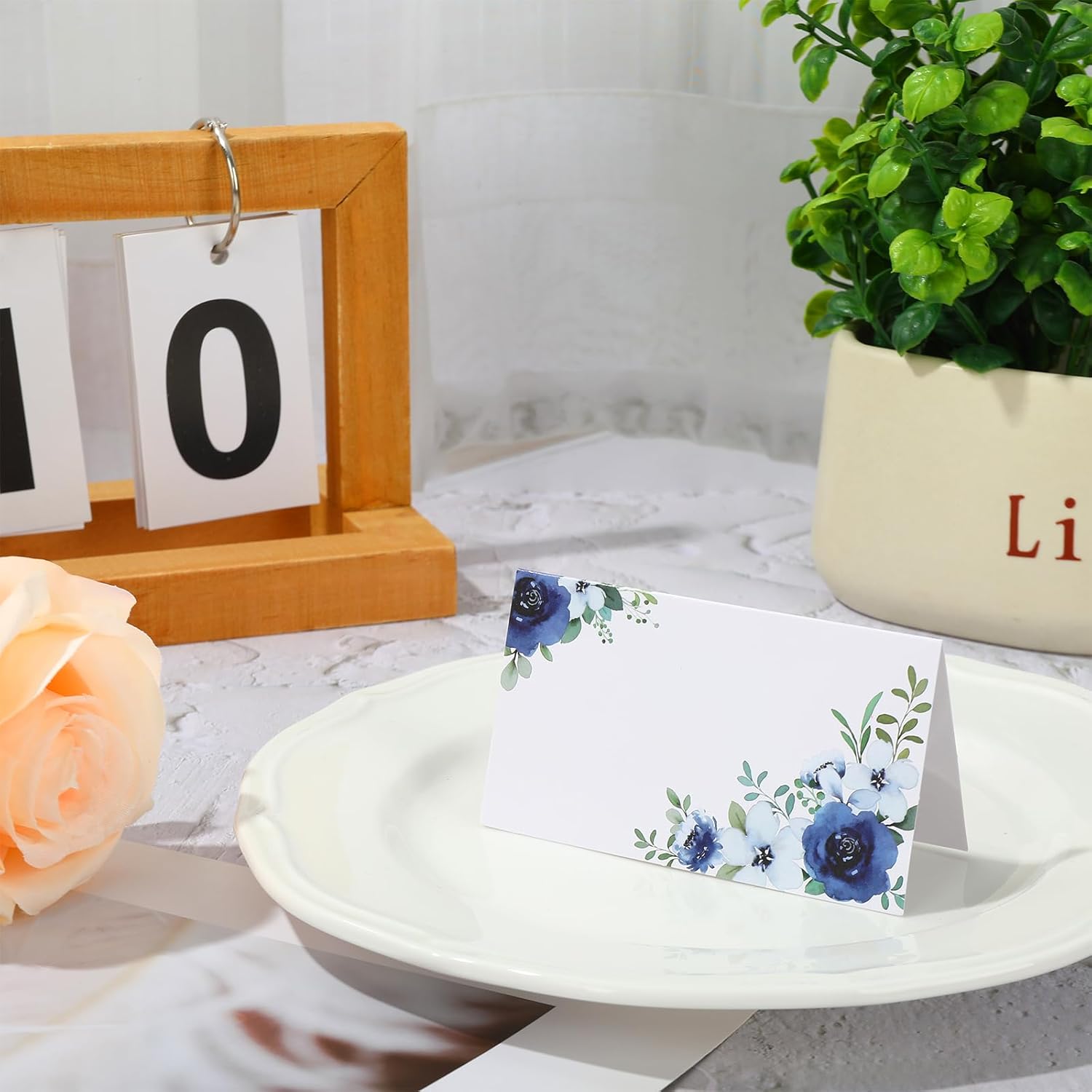 Whaline 100 Pcs Floral Place Cards White Blue Tented