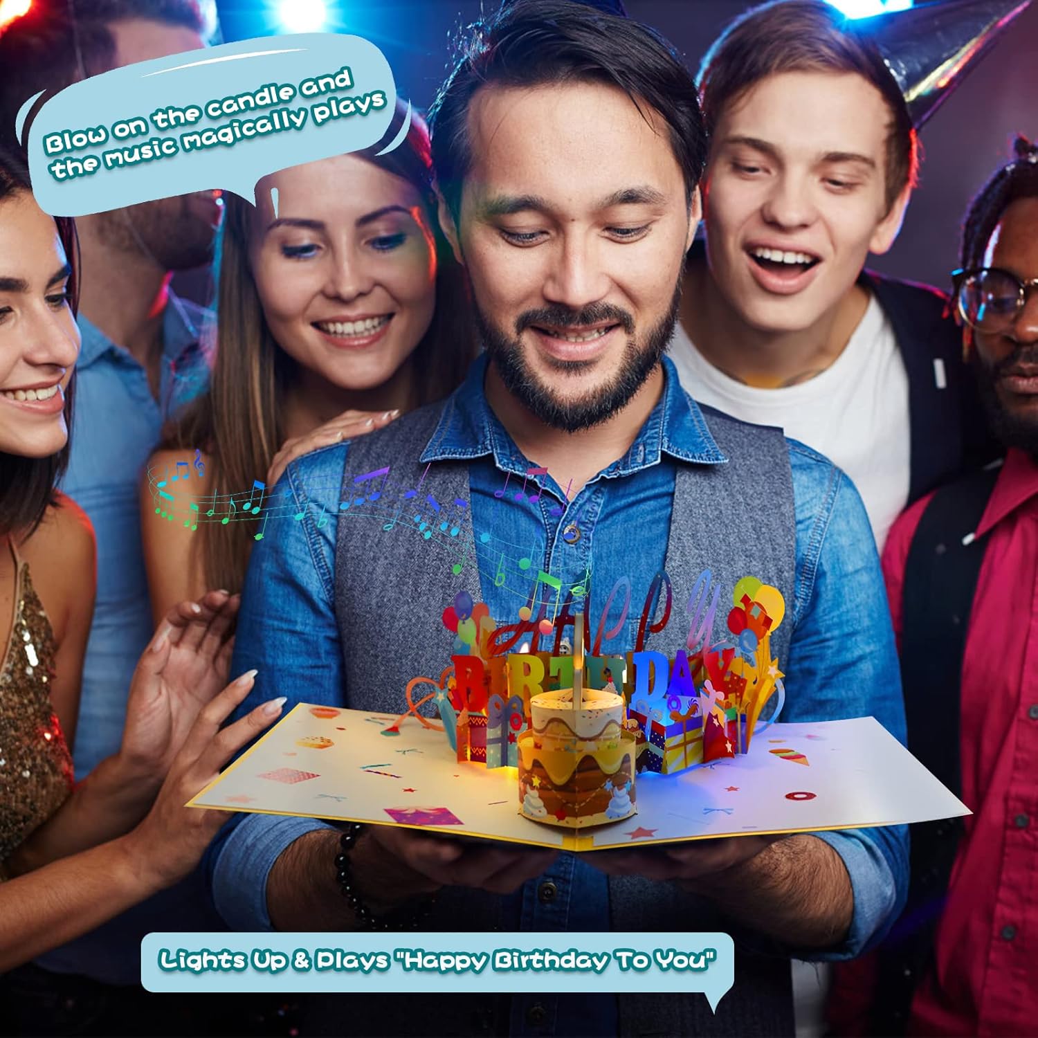 3D Musical Birthday Popup Card with LED Lights and Blowable Candles