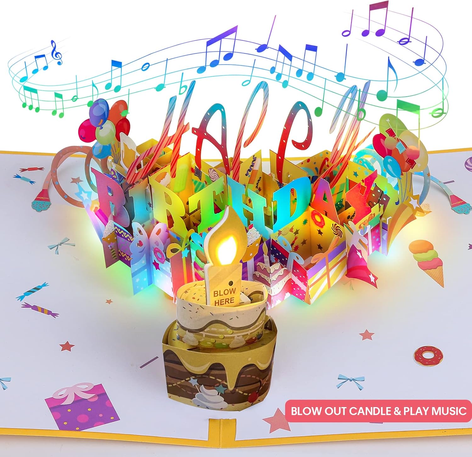 3D Musical Birthday Popup Card with LED Lights and Blowable Candles