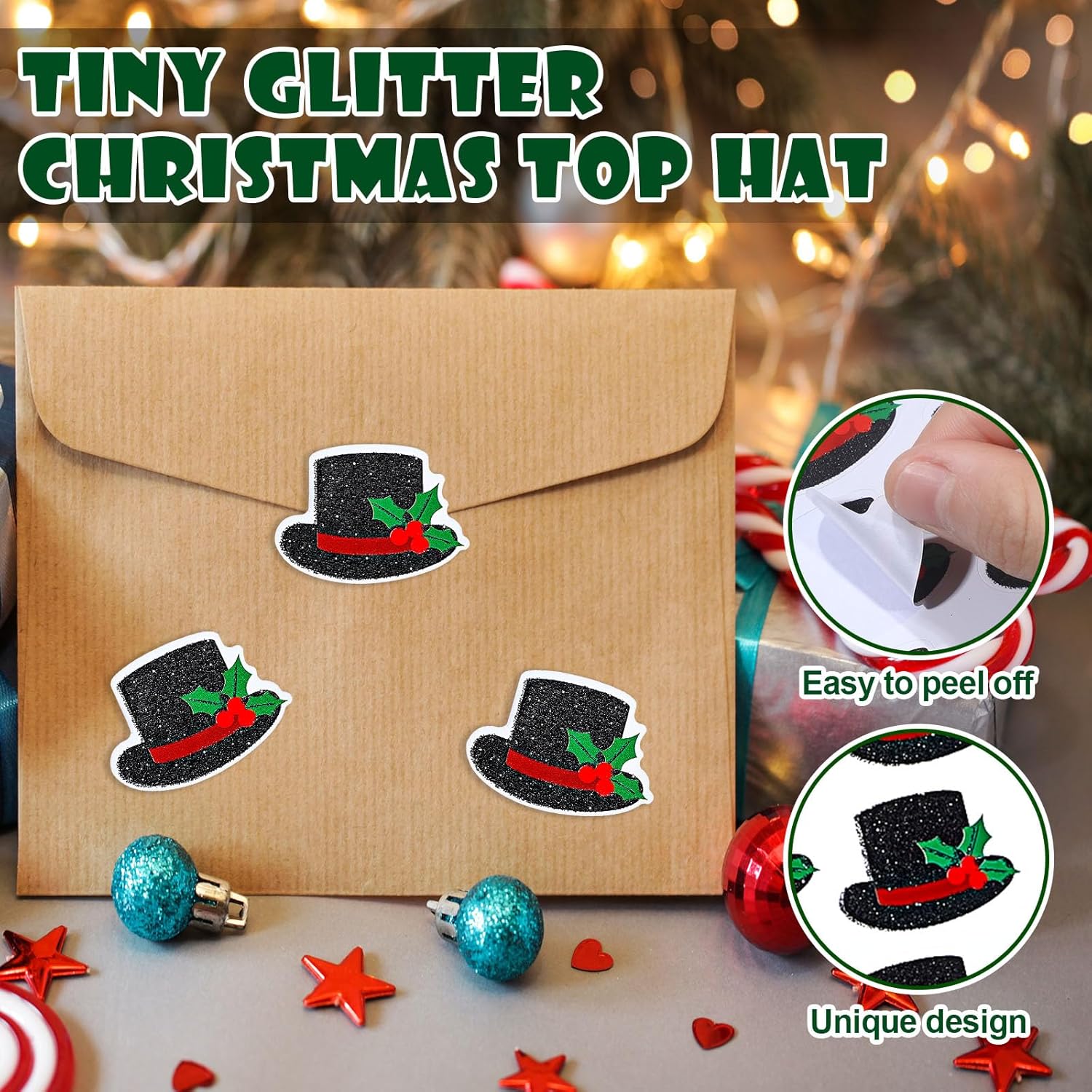 Honoson 600 Pcs Tiny Glitter Christmas Top Hat Stickers