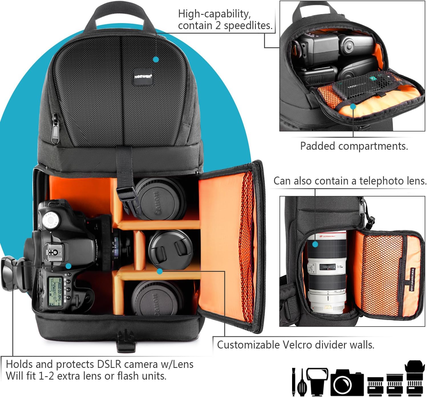 Neewer Professional DSLR Camera Case Sling Backpack with Waterproof Interior