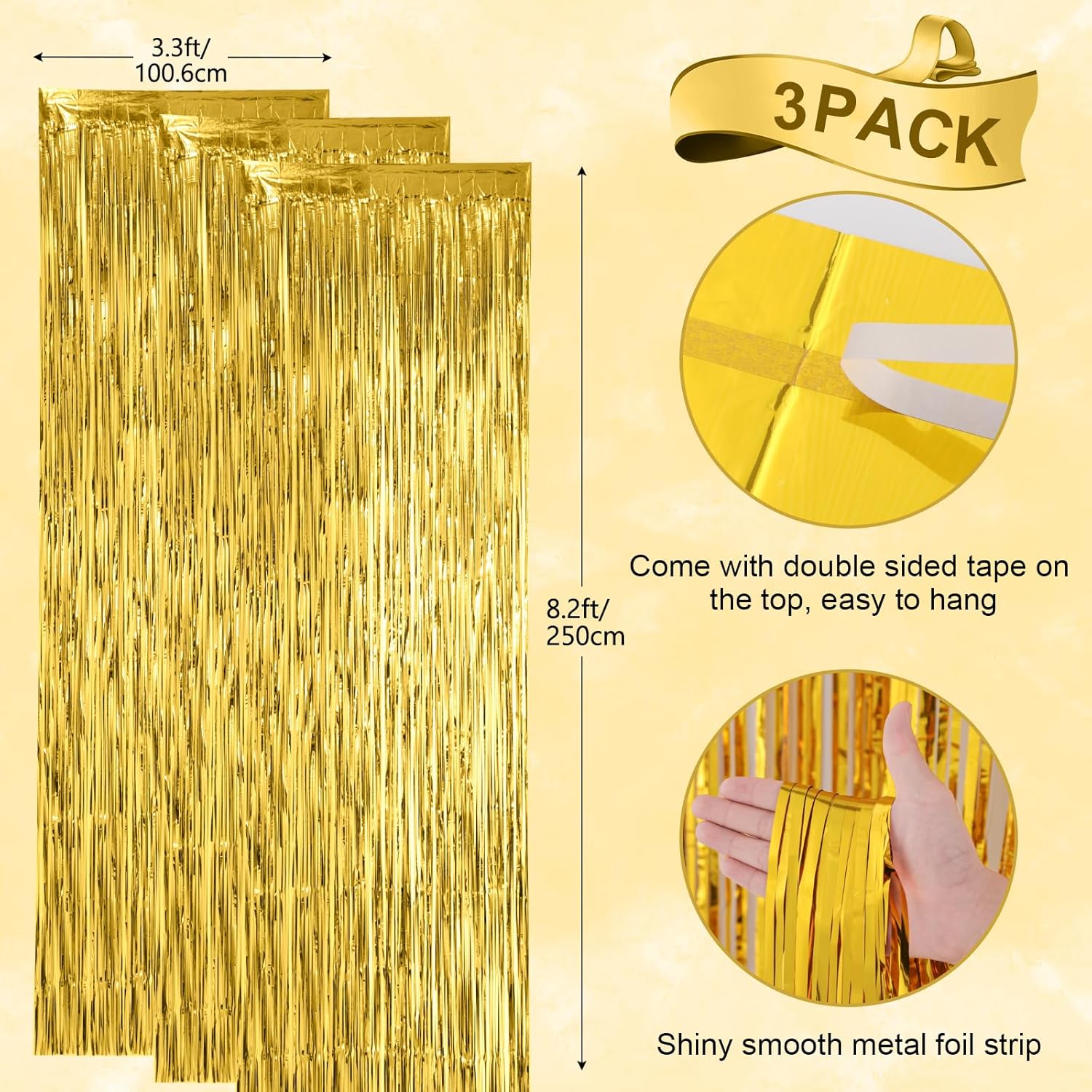 3 Pack Gold Foil Fringe Backdrop Curtains for Parties