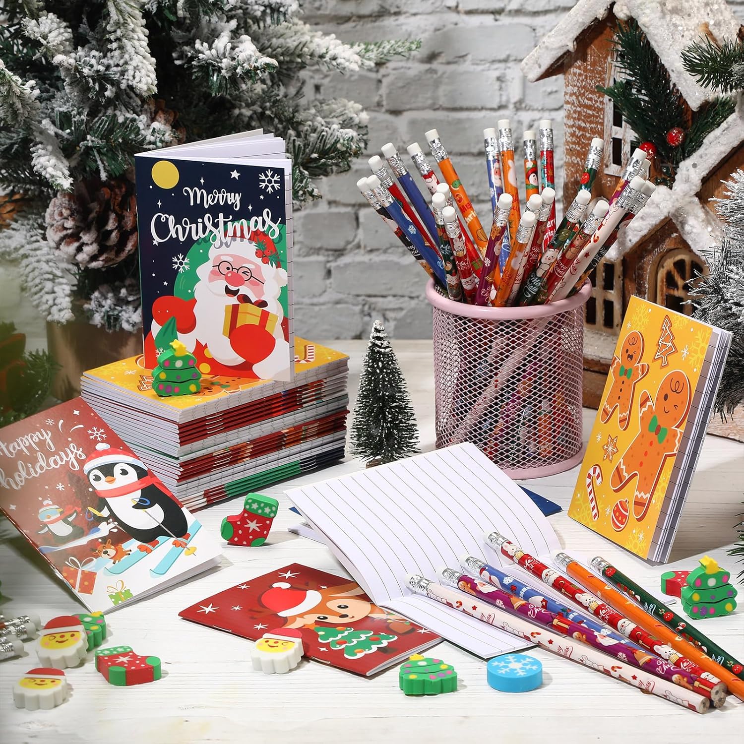 Cholemy 144 Pcs Christmas Party Favor Set with Pencils Erasers Notebooks Elk