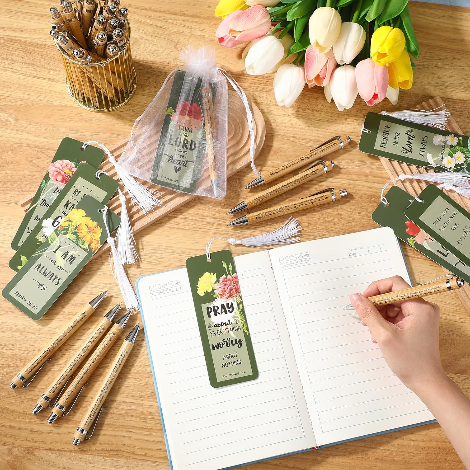 Spakon 35 Set Mothers Day Bible Verse Bookmarks Bamboo Pens Gift Bags