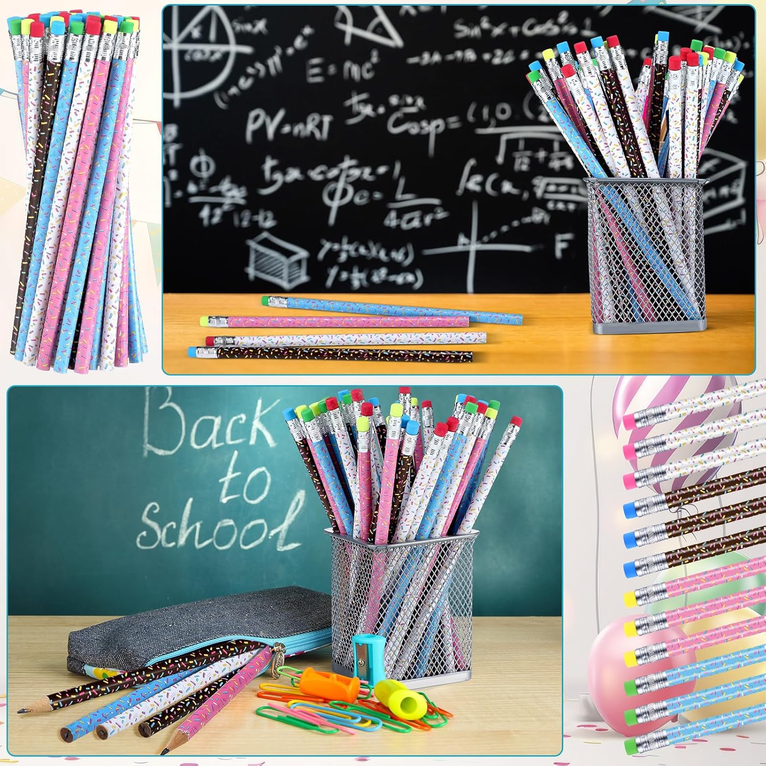 48 Donut Sprinkle Pencils with Erasers for Parties and School