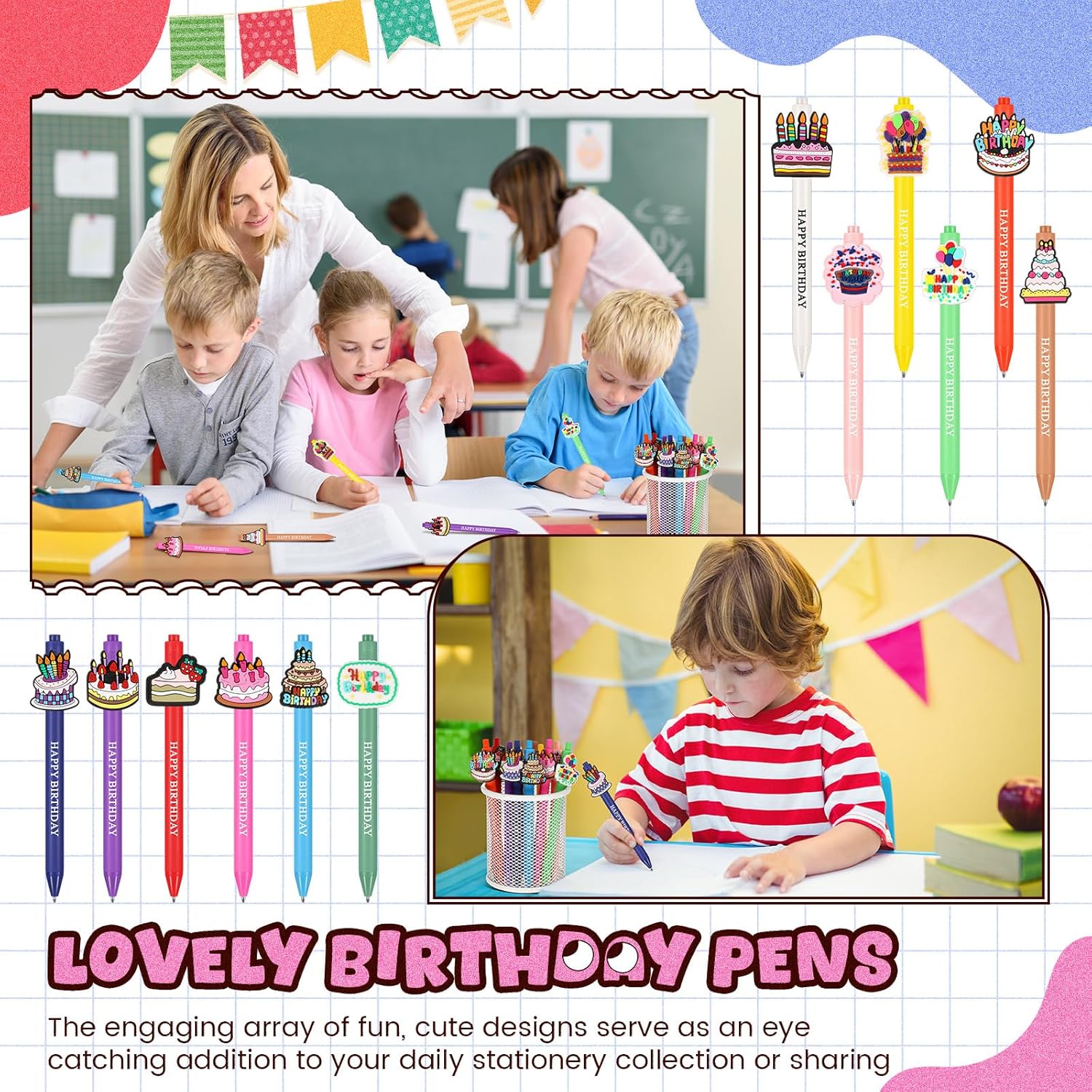 24 Pcs Birthday Themed Cute Pens Set
