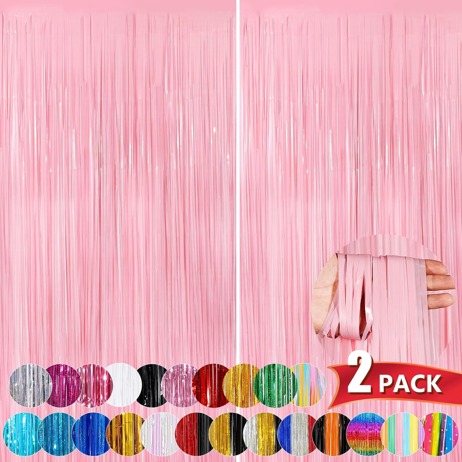 Pastel Pink Metallic Tinsel Fringe Curtains 2 Pack