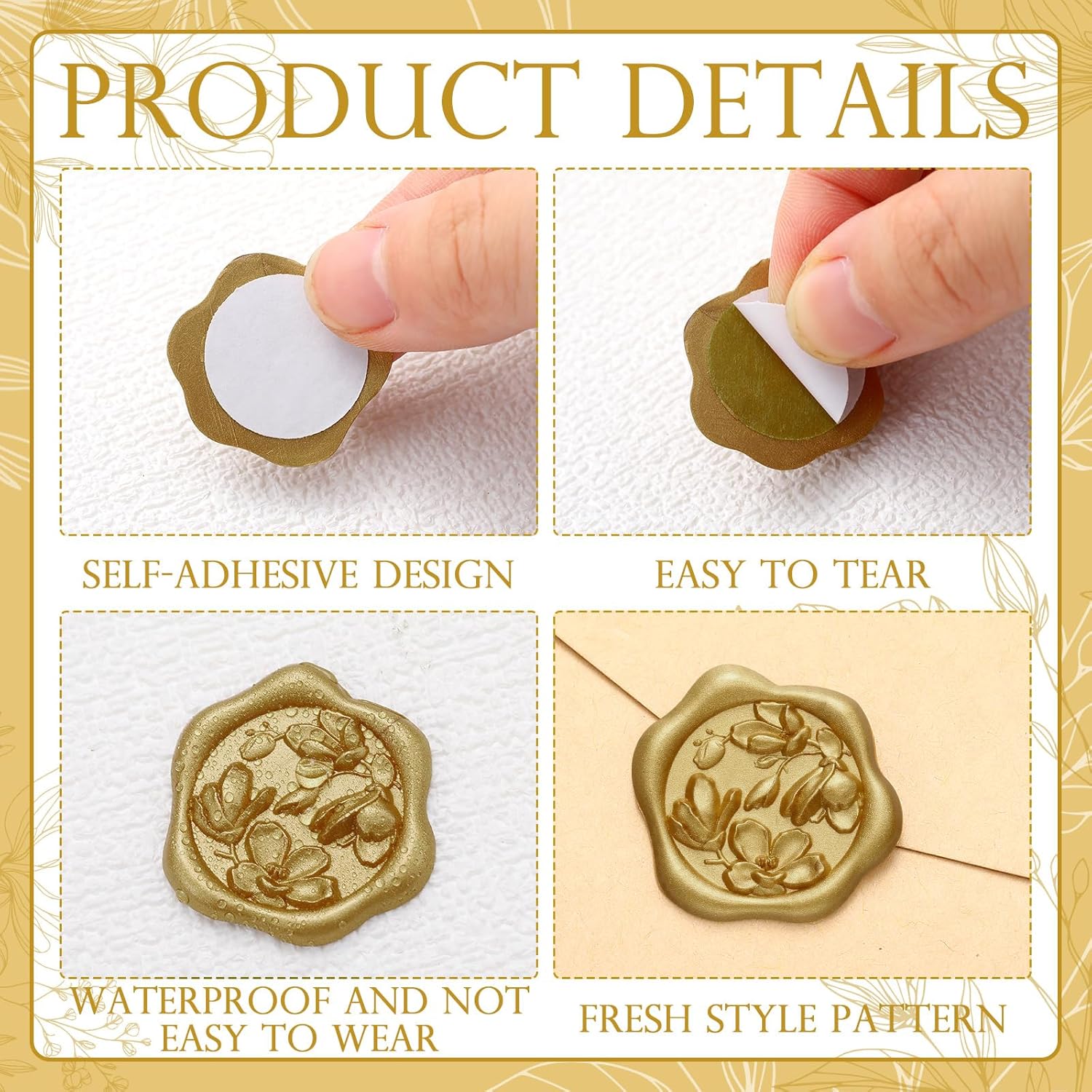 100pcs 3D Magnolia Wax Seal Stickers Antique Gold