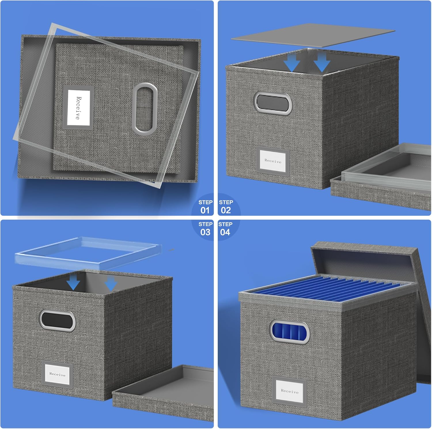 3-Pack File Organizer Box with Lid and Hanging Folders - Grey