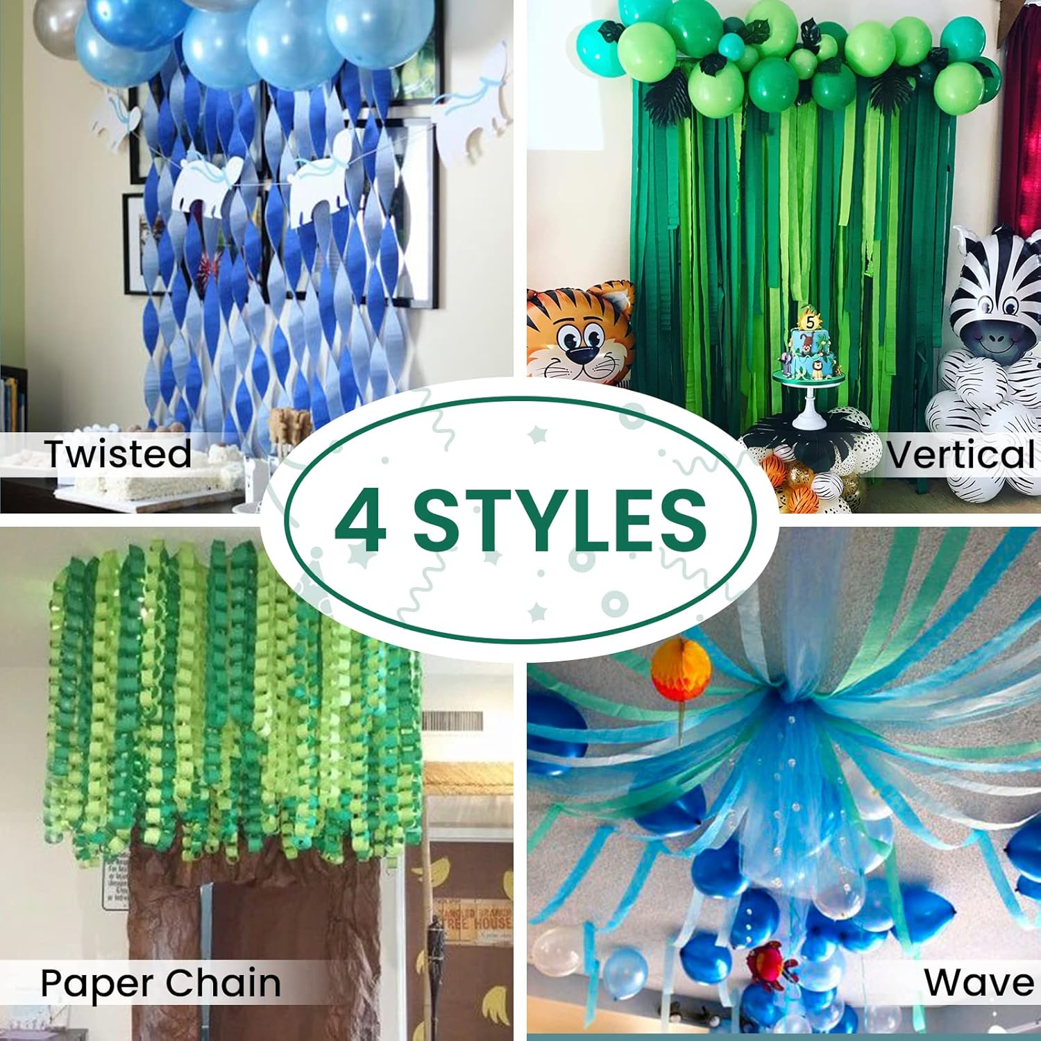 PartyWoo Crepe Paper Streamers 6 Rolls 492 Feet Blue Pastel Green and Lime