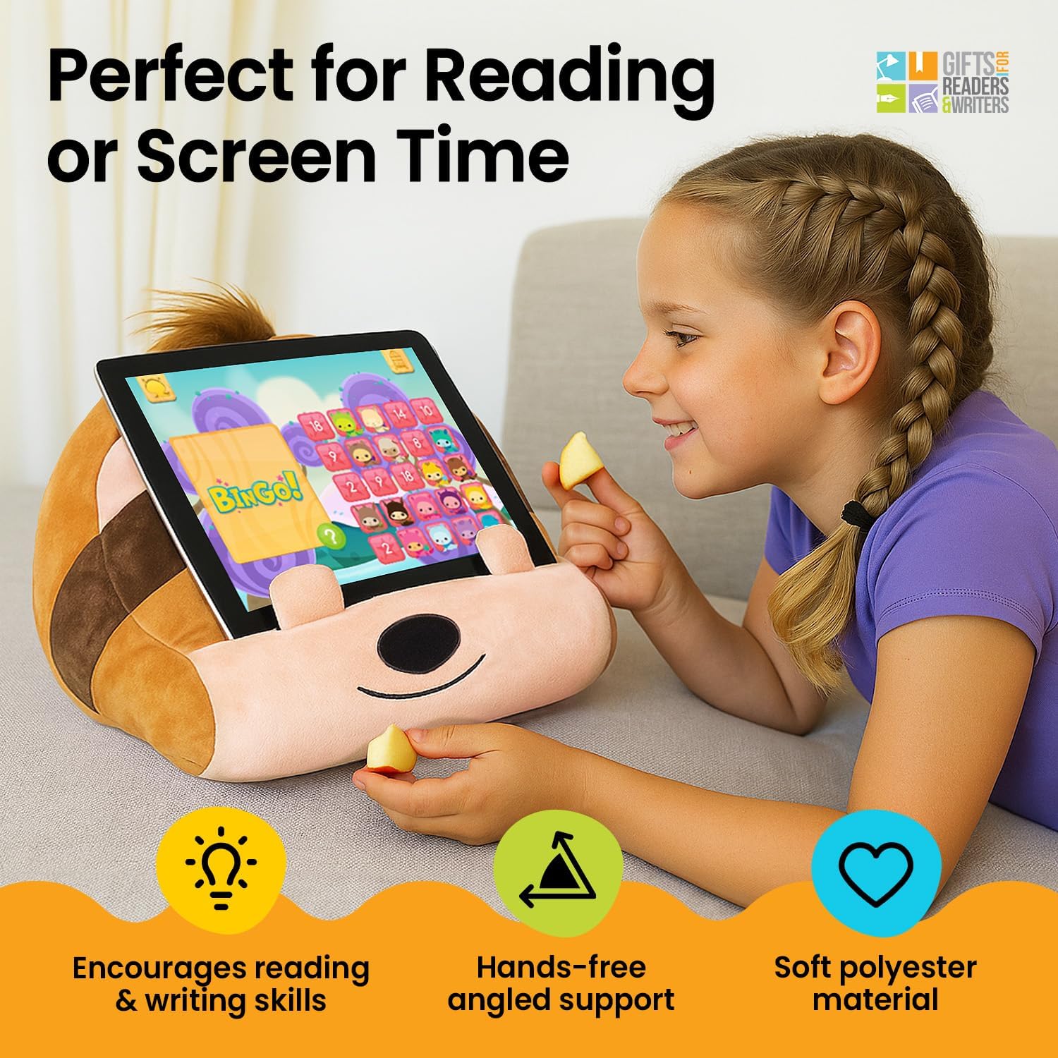 Fun iPad Stand for Kids Cuddly Book Holder and Reading Pillow