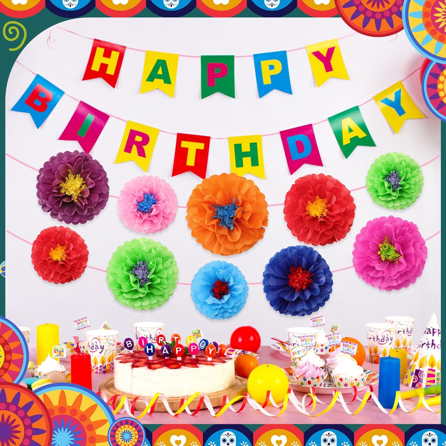 Geyee 27 Pcs Colorful Fiesta Tissue Paper Flowers
