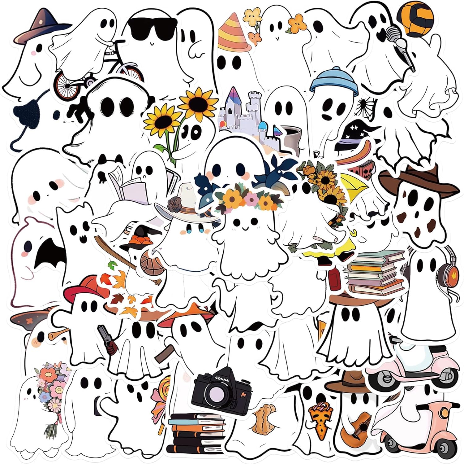 50Pcs Halloween Ghost Theme Stickers for Water Bottles Laptops and Cups