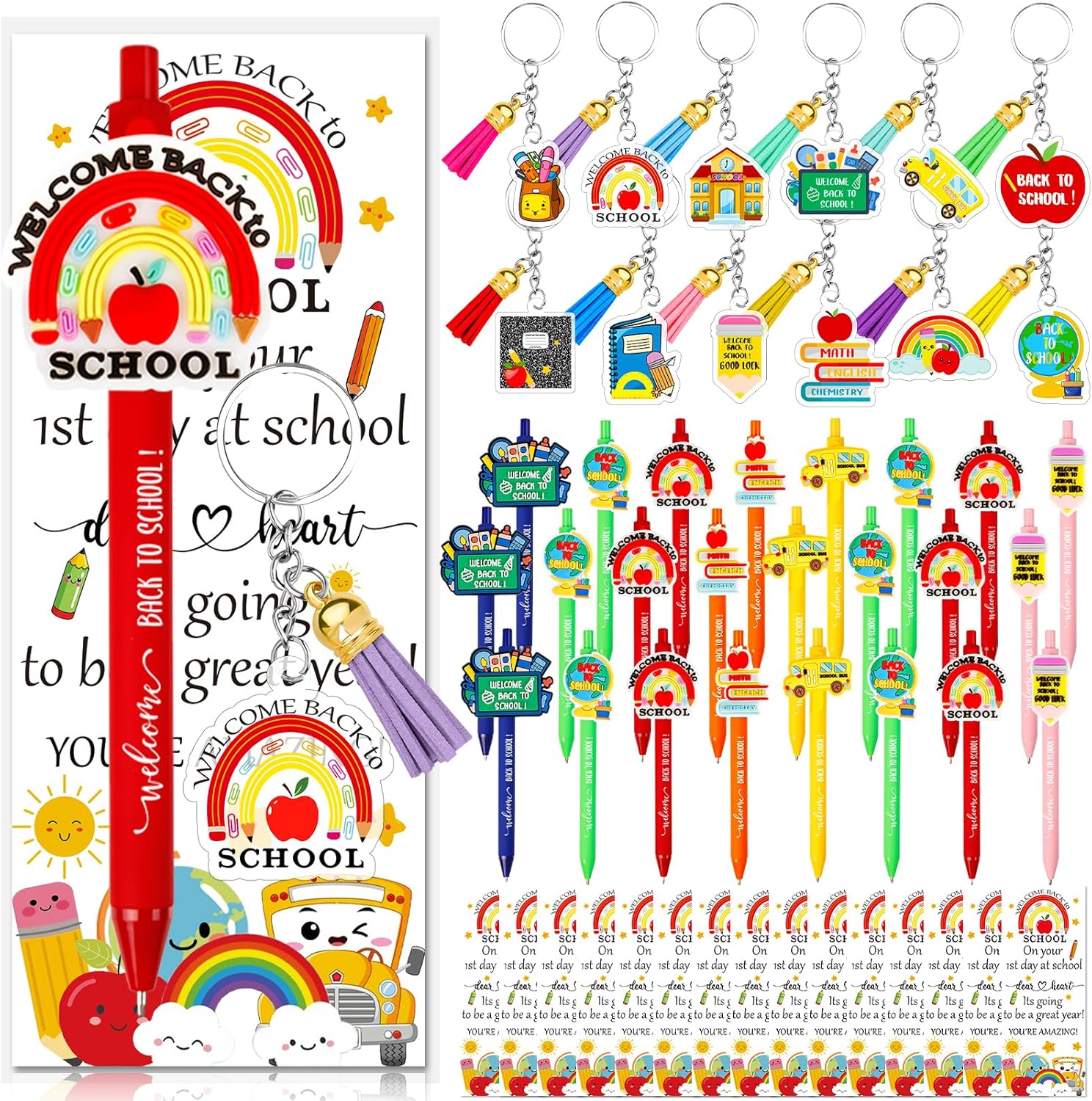 24 Piece Back to School Pens Keychains Greeting Cards Set