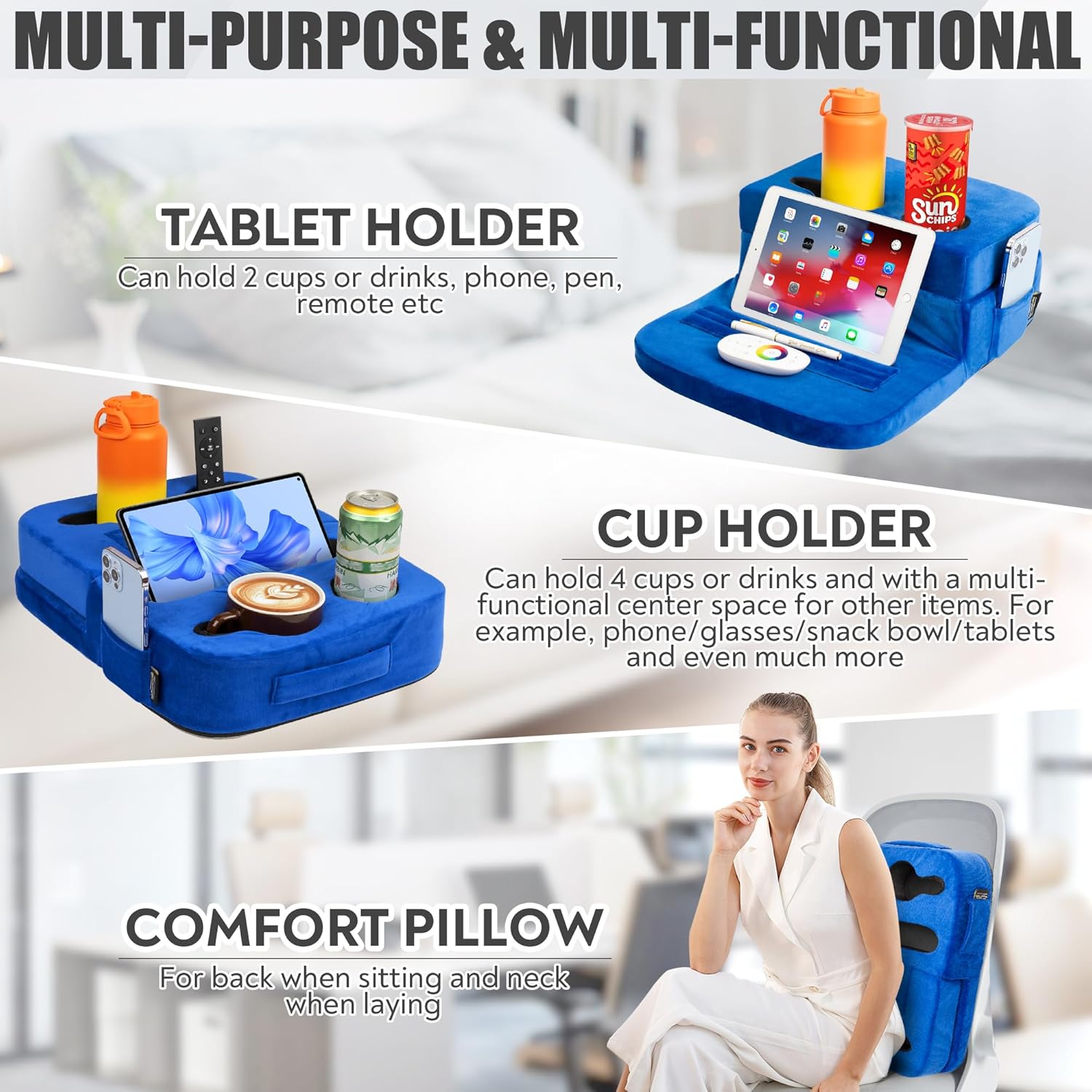 Couch Cup Holder Tray Pillow - Bed Sofa RV Car Compatible