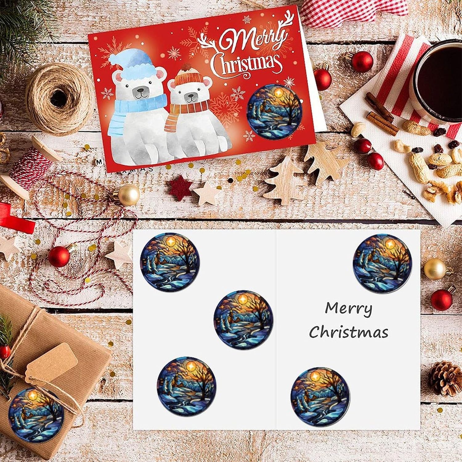 2in Round Label Stickers 100pcs Winter Snow House Stained Glass Christmas Decals