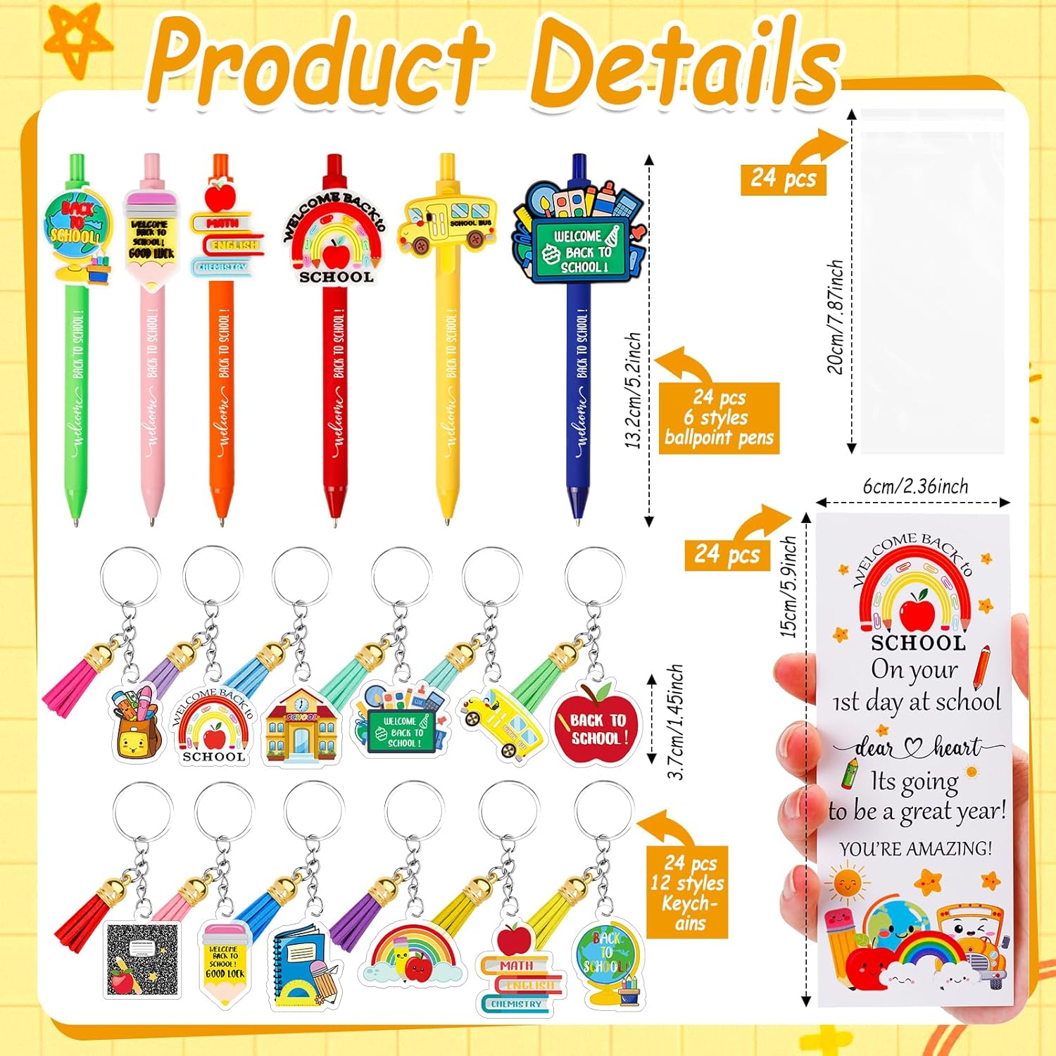 24 Piece Back to School Pens Keychains Greeting Cards Set