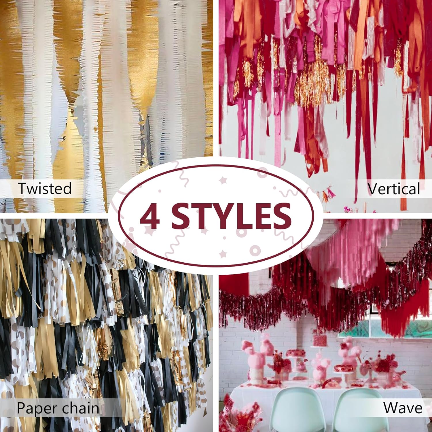 PartyWoo Crepe Paper Streamers 6 Rolls 492ft Burgundy Gold
