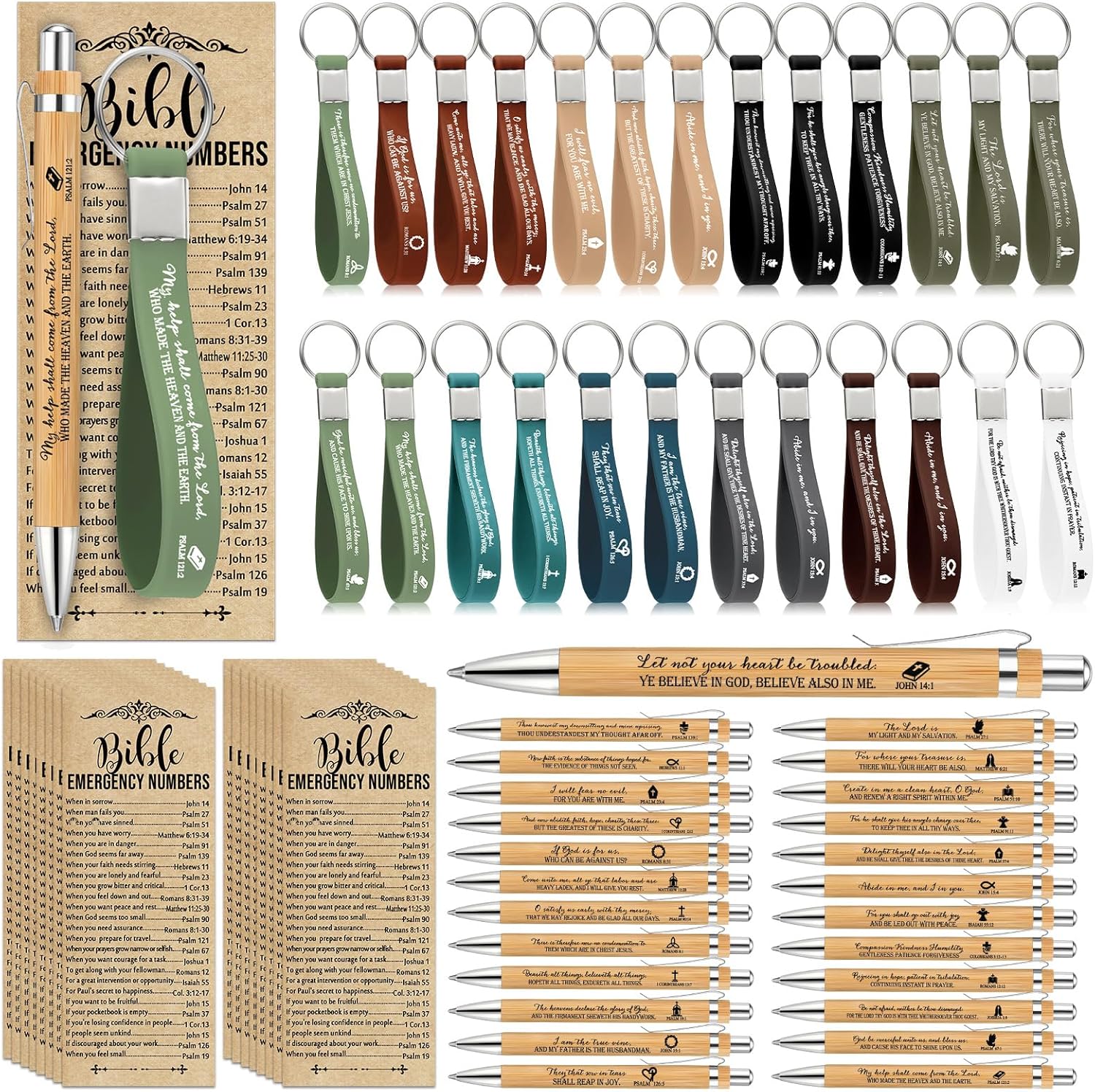50 Set Christian Gift Bundle Bamboo Pens Scripture Keychains Bible Bookmarks