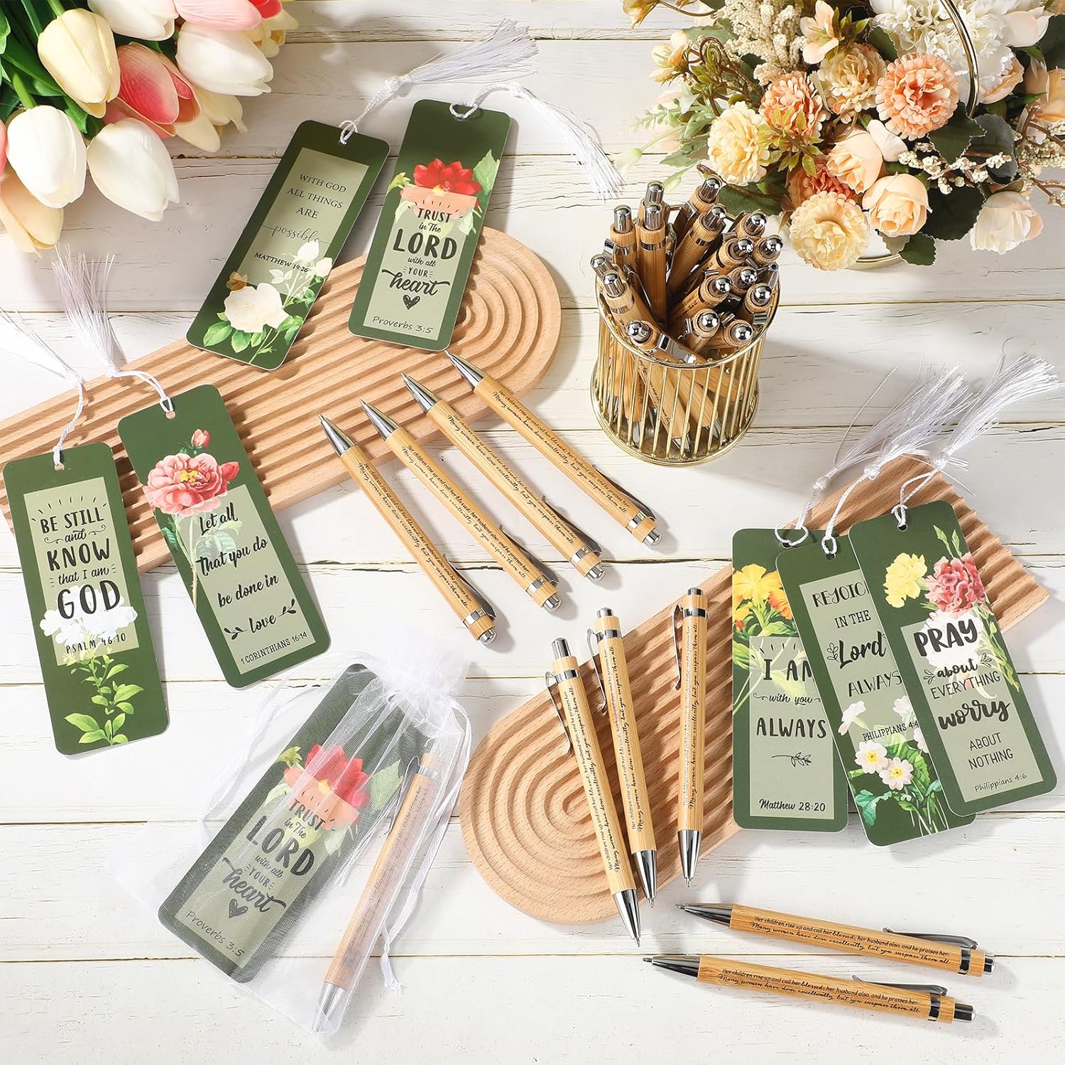 Spakon 35 Set Mothers Day Bible Verse Bookmarks Bamboo Pens Gift Bags