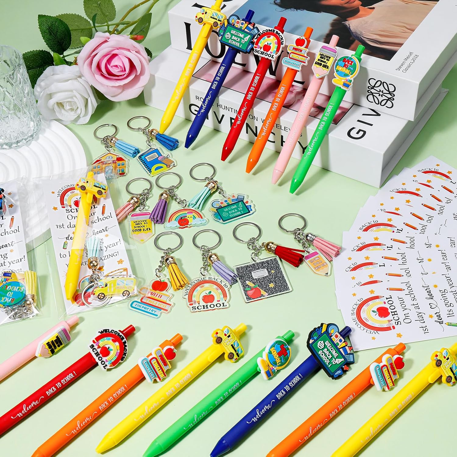 24 Piece Back to School Pens Keychains Greeting Cards Set