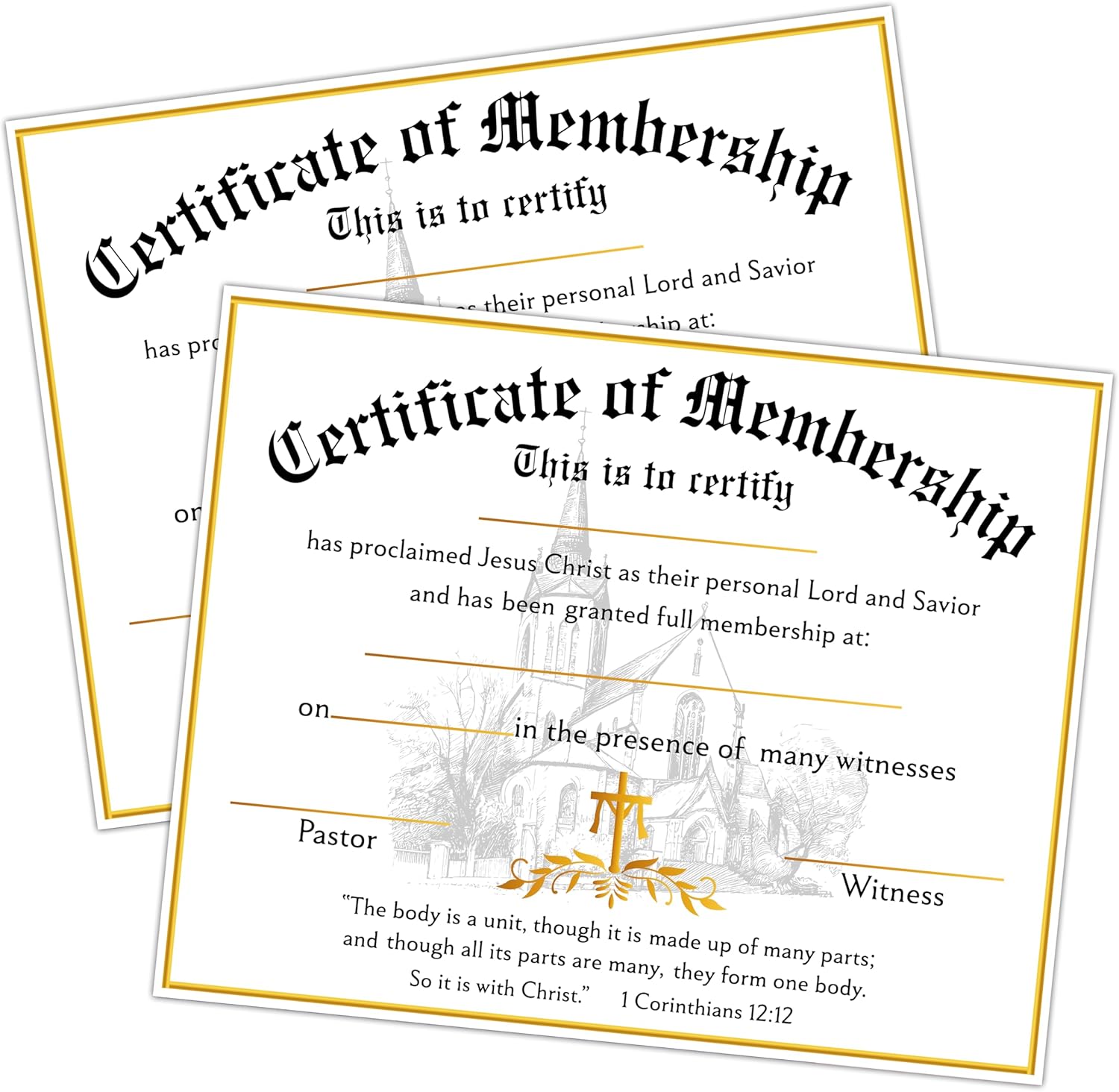 Church Membership Certificates 25 Pcs Gold Foil Recognition