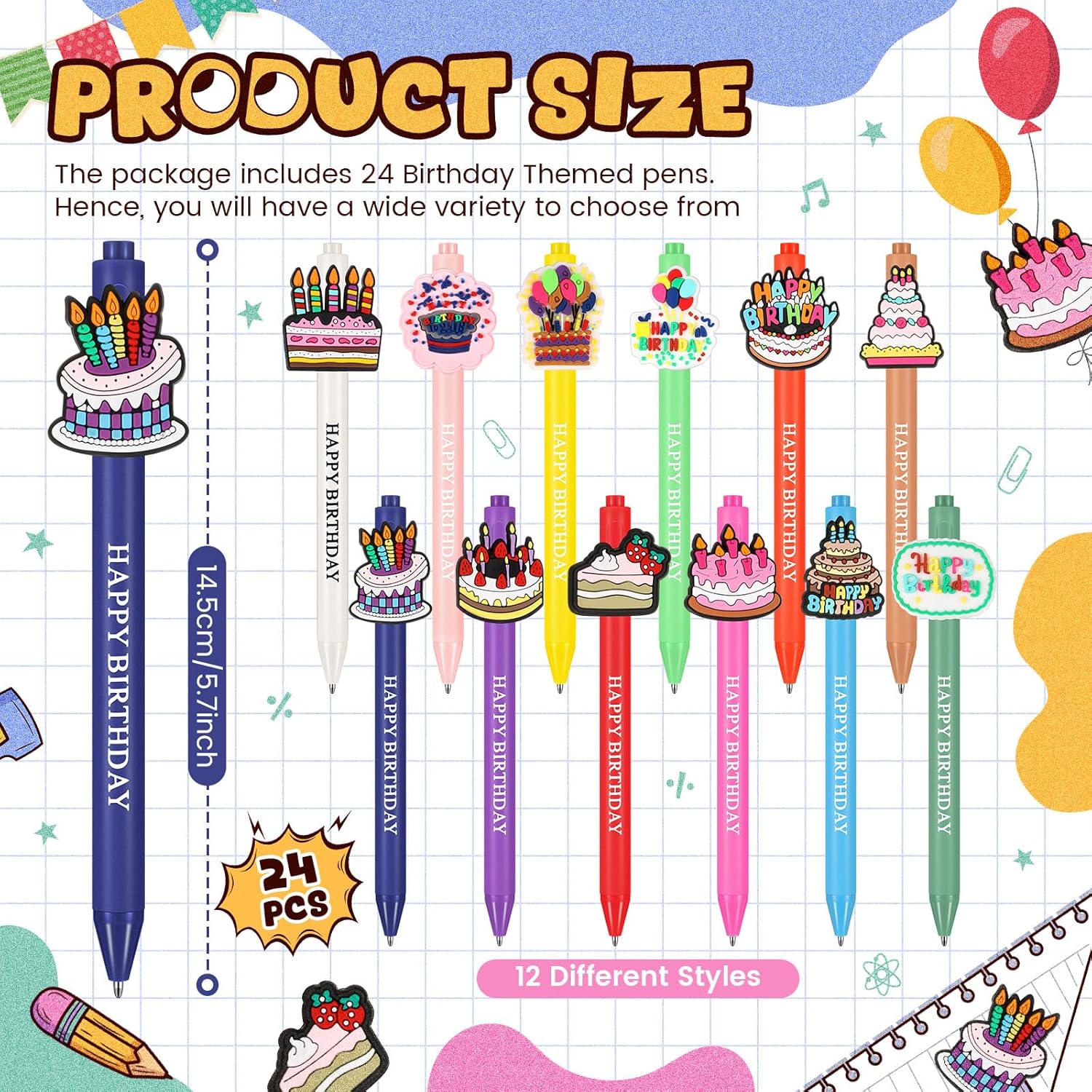 24 Pcs Birthday Themed Cute Pens Set