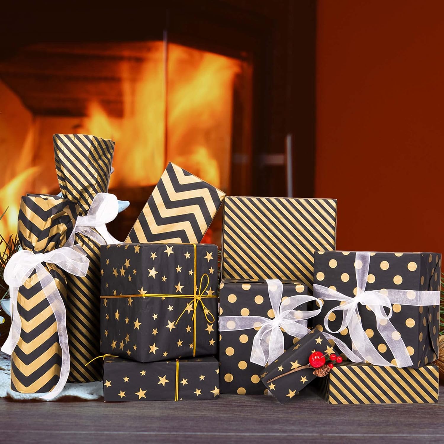 Larcenciel 50 Sheets Black Gold Tissue Paper 5 Styles for Gift Wrapping