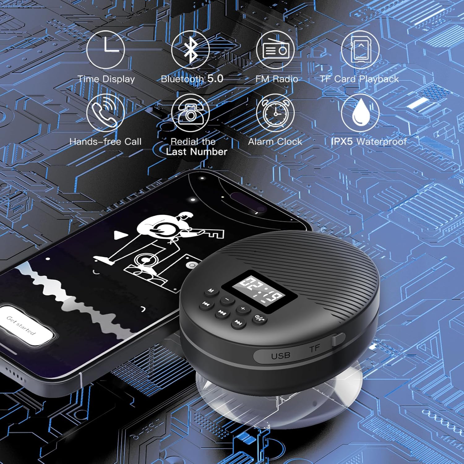 AGPTEK Waterproof Bluetooth Shower Speaker with LCD Display