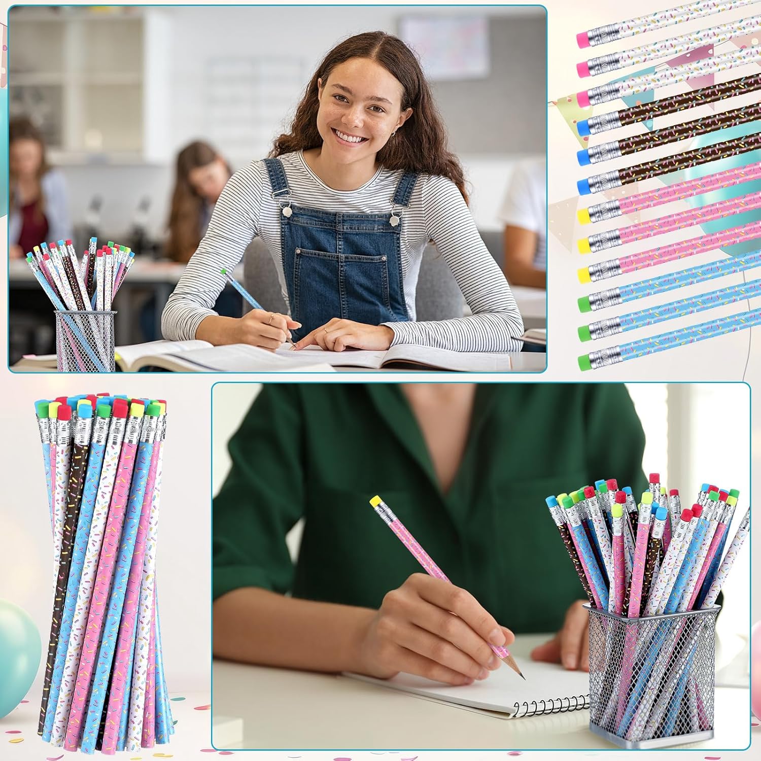 48 Donut Sprinkle Pencils with Erasers for Parties and School