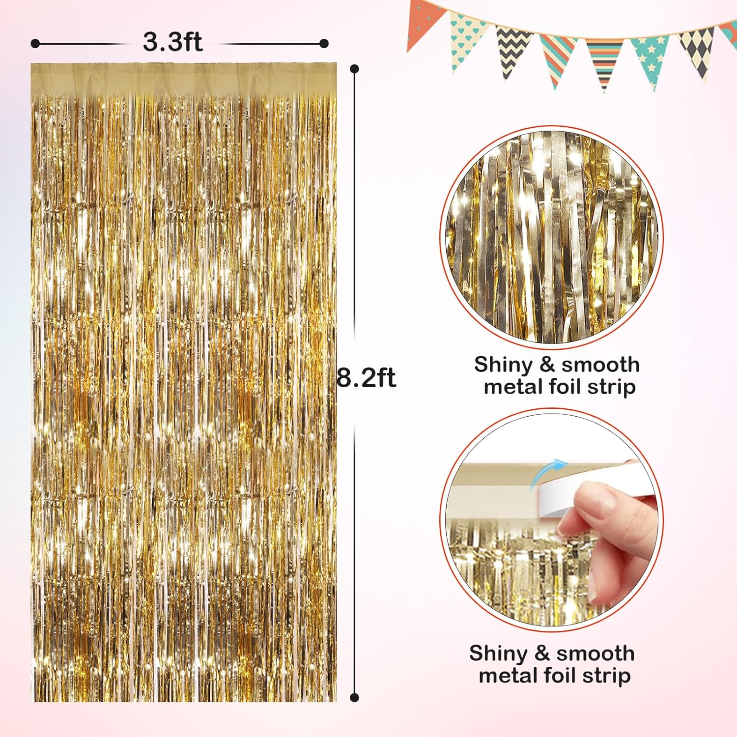 Champagne Gold Metallic Tinsel Foil Curtains 2 Pack